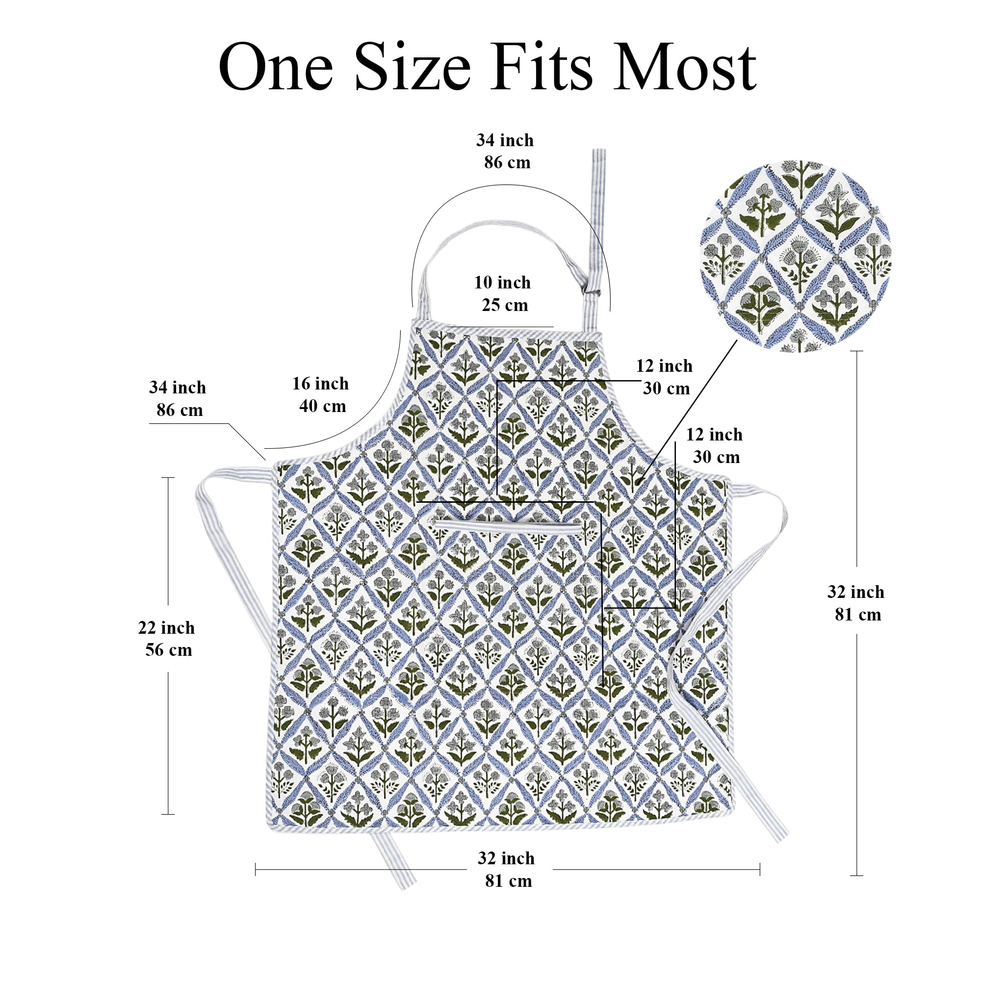 Hand Block Print Cotton Kitchen Apron - Light Steel Blue