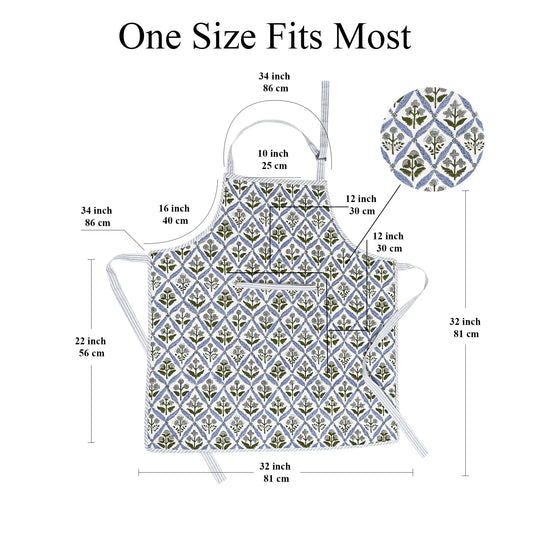 Hand Block Print Cotton Kitchen Apron - Light Steel Blue