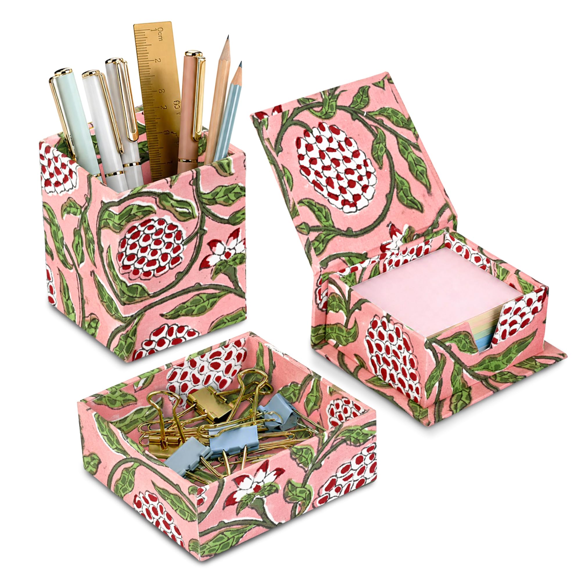 Hand Block Print Cotton Desk Organizer - Strawberry Pink