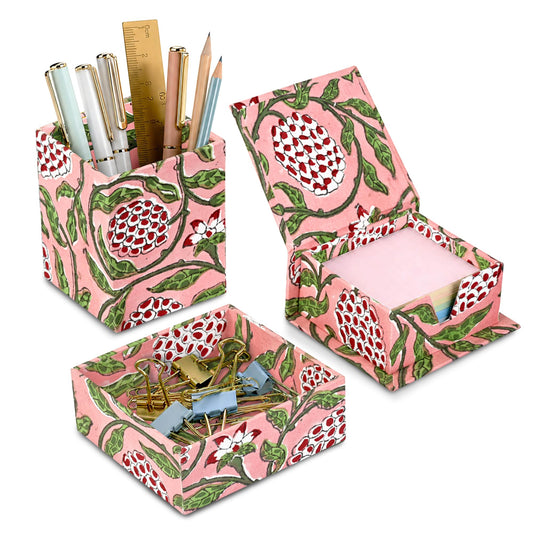 Hand Block Print Cotton Desk Organizer - Strawberry Pink