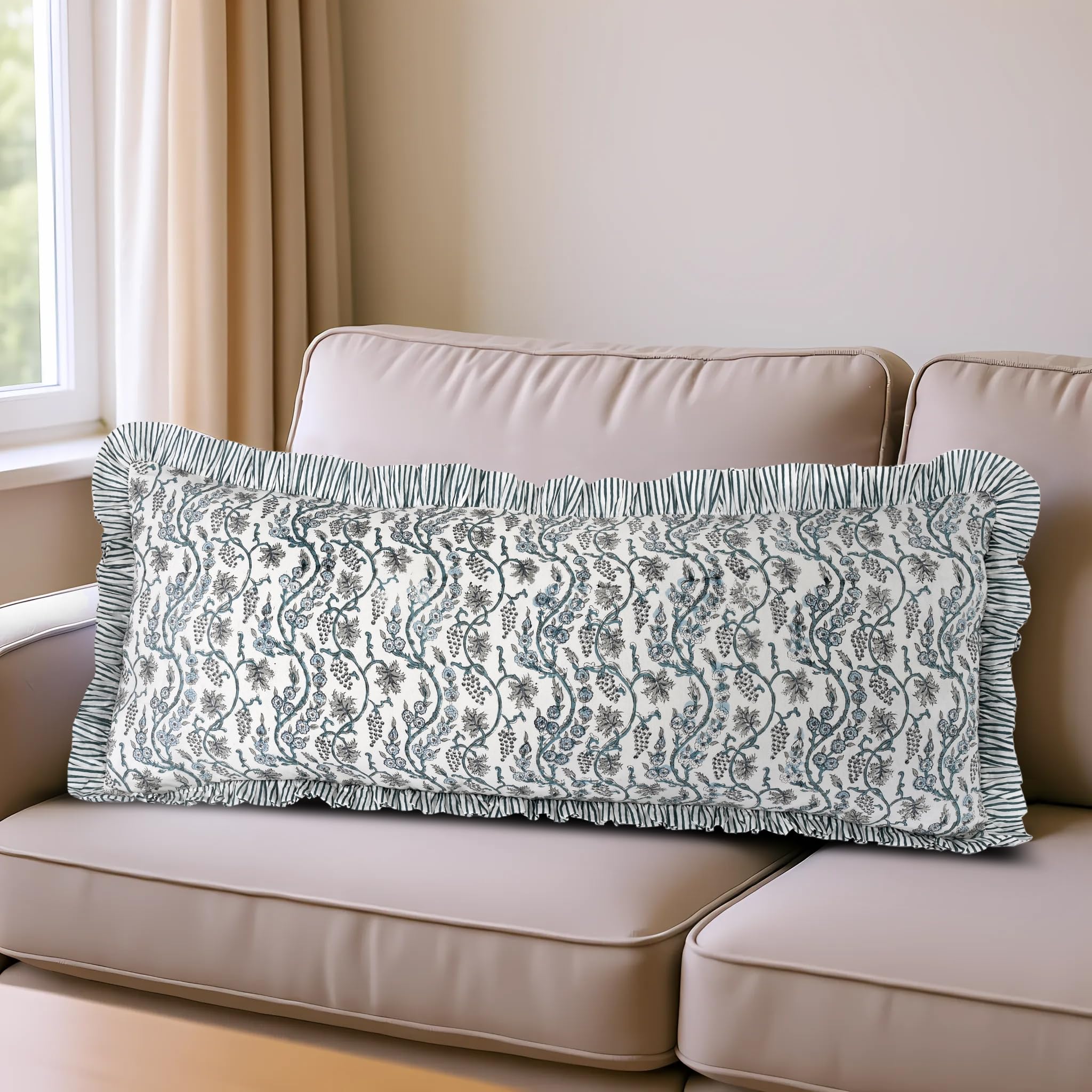 Hand Block Print Cotton Throw Pillow Cover - Baby Blue Eyes