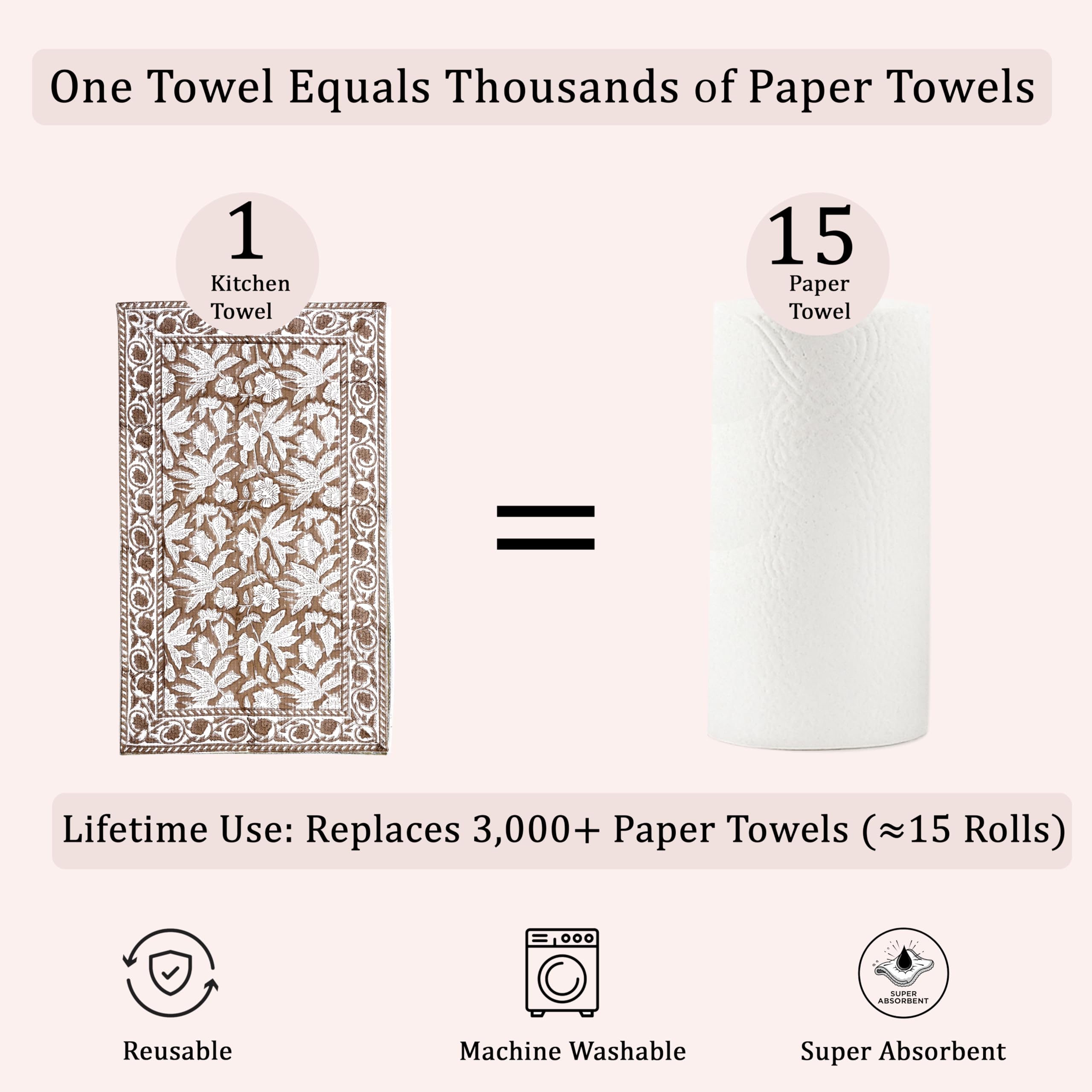 Hand Block Print Cotton Kitchen Towel - Oak Brown
