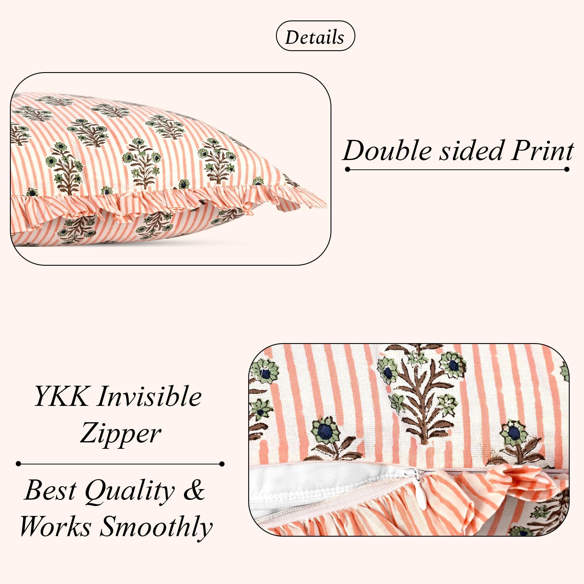 Hand Block Print Cotton Throw Pillow Cover - Salmon Blossom