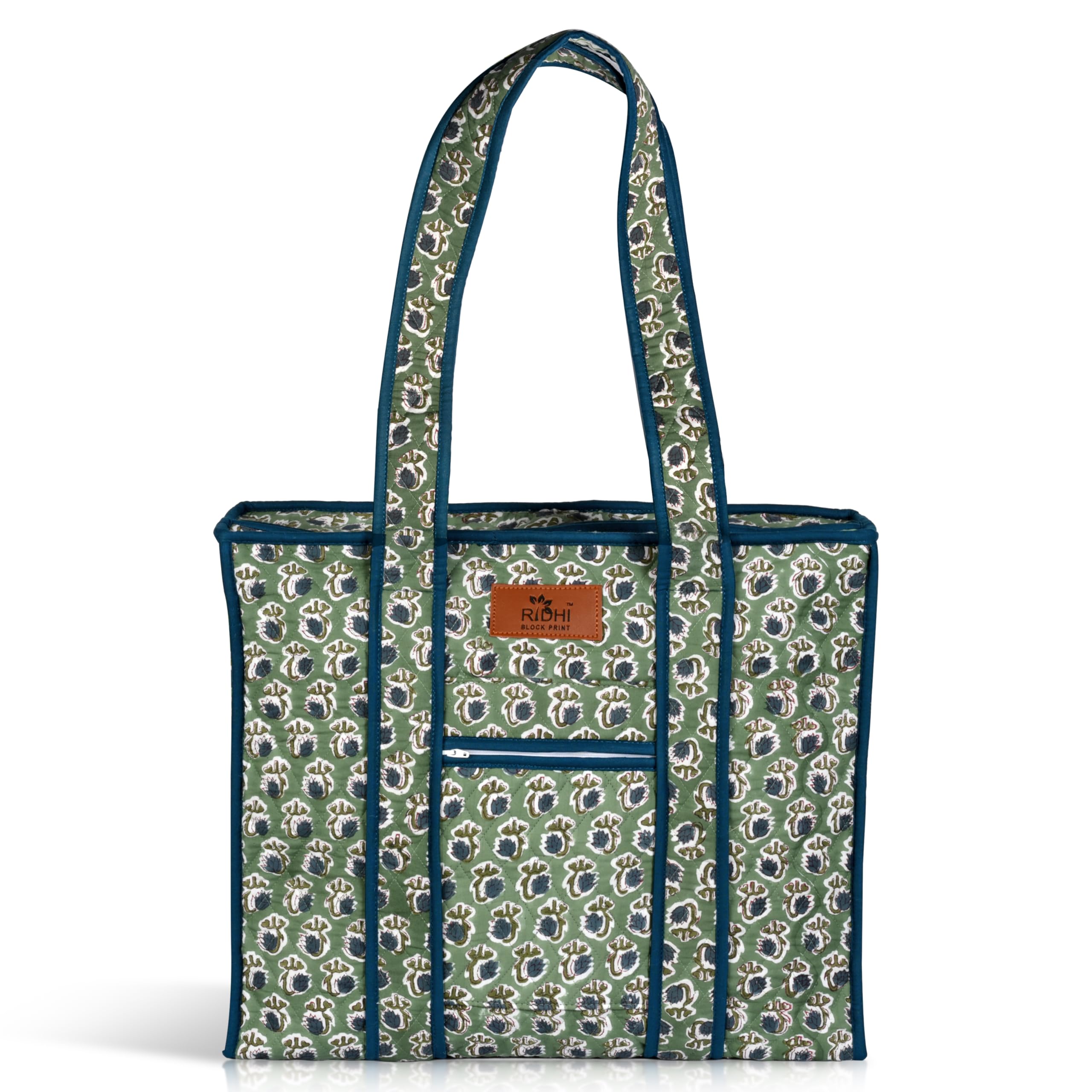 Hand Block Print Cotton Handbag - Basil Green