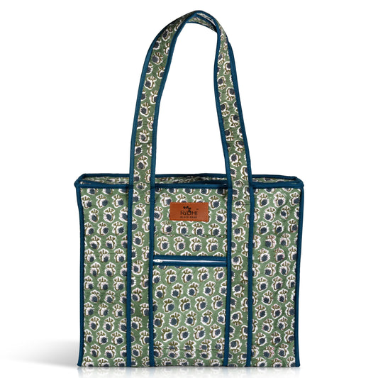 Hand Block Print Cotton Handbag - Basil Green