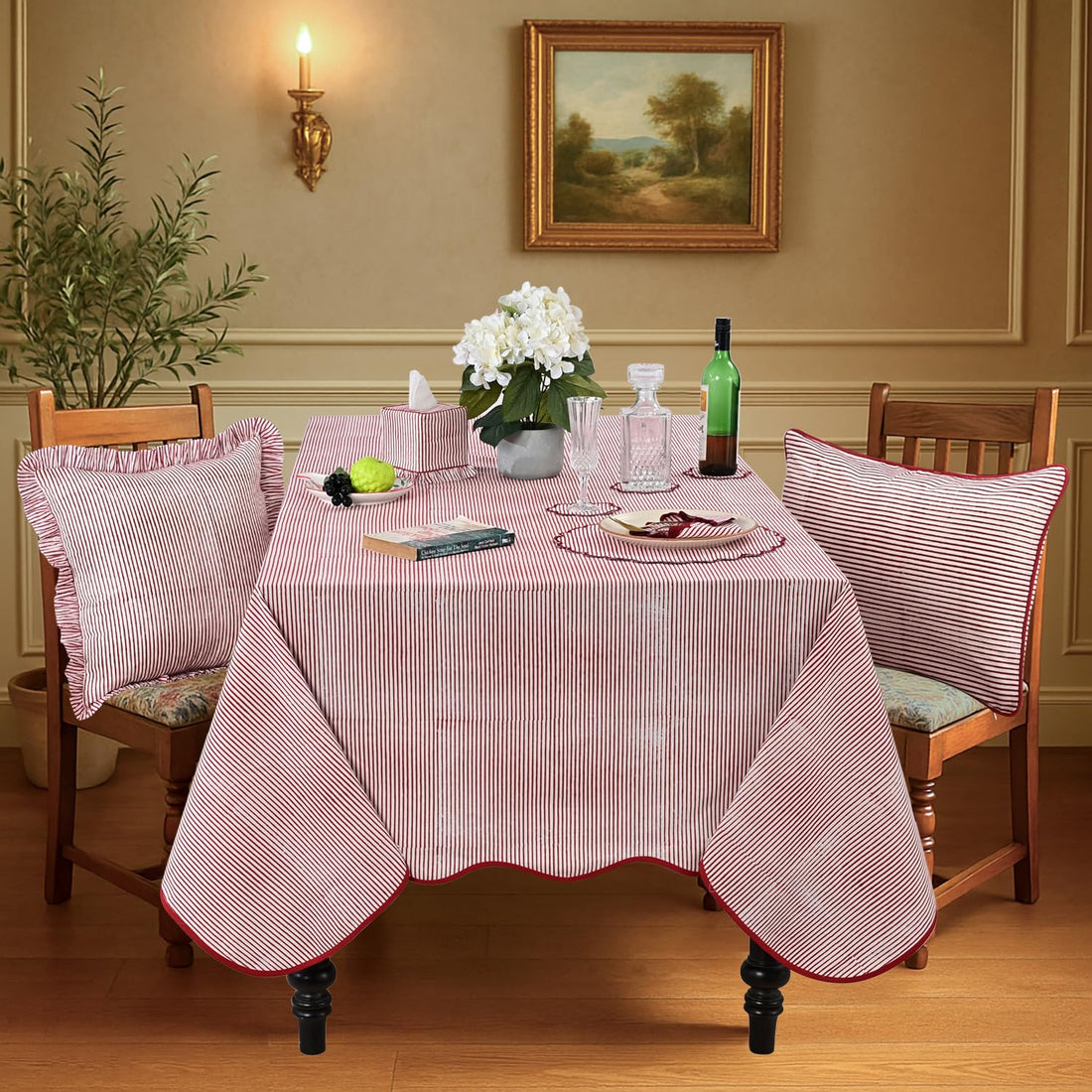 Hand Block Print Cotton Tablecloth - Ruby Red Stripe