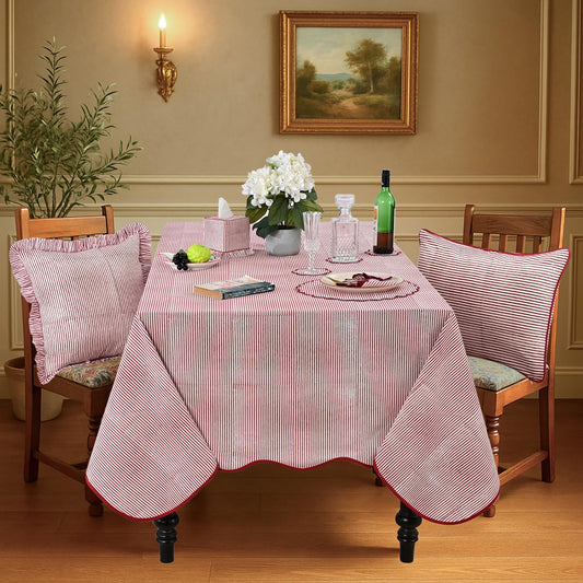 Hand Block Print Cotton Tablecloth - Ruby Red Stripe