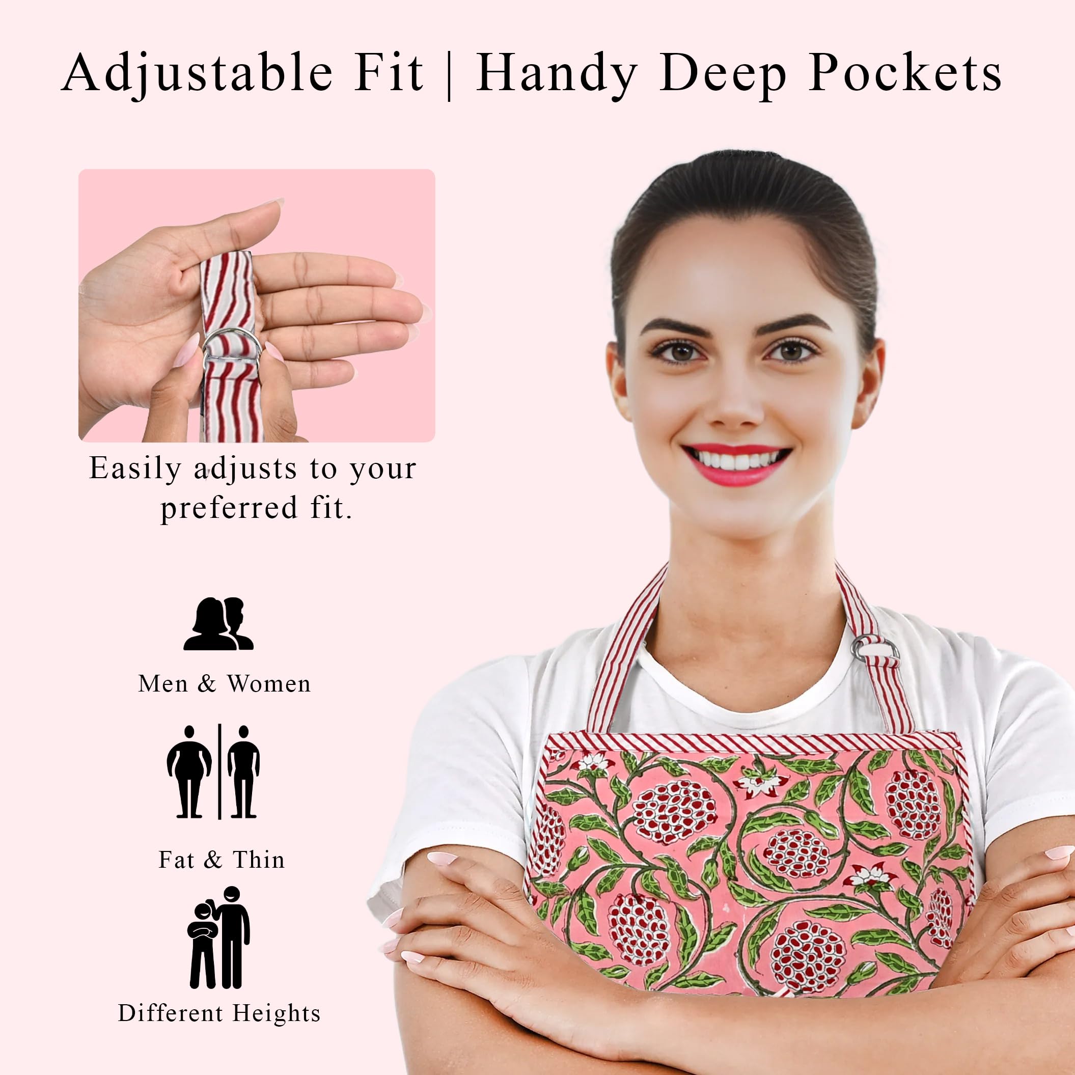Hand Block Print Cotton Kitchen Apron - Dark Salmon Pink