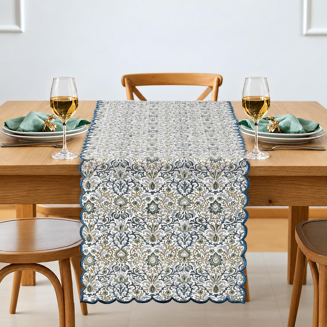Ridhi indigo hand block print embroidered cotton table runner