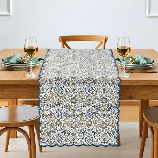 Ridhi indigo hand block print embroidered cotton table runner