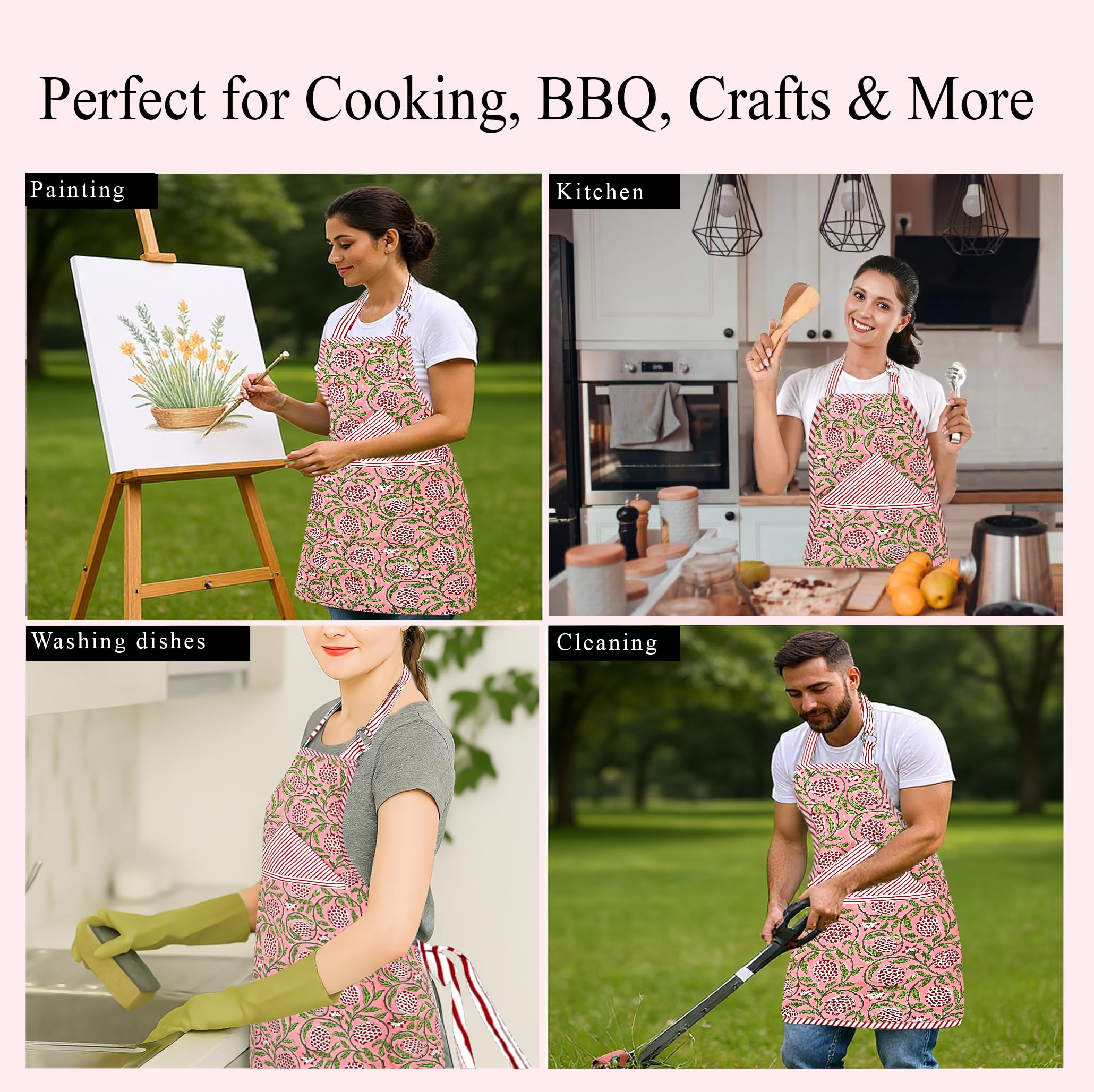 Hand Block Print Cotton Kitchen Apron - Dark Salmon Pink