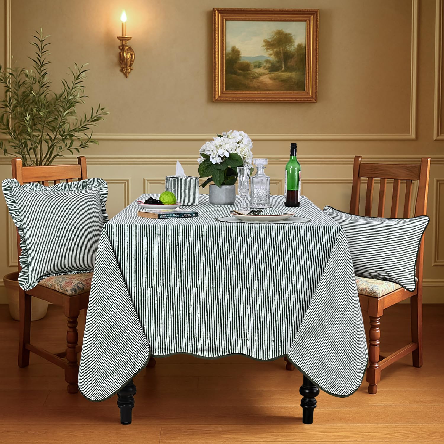 Hand Block Print Cotton Tablecloth - Forest Green Stripe