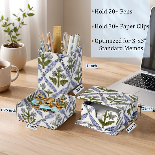 Hand Block Print Cotton Desk Organizer - Light Steel Blue