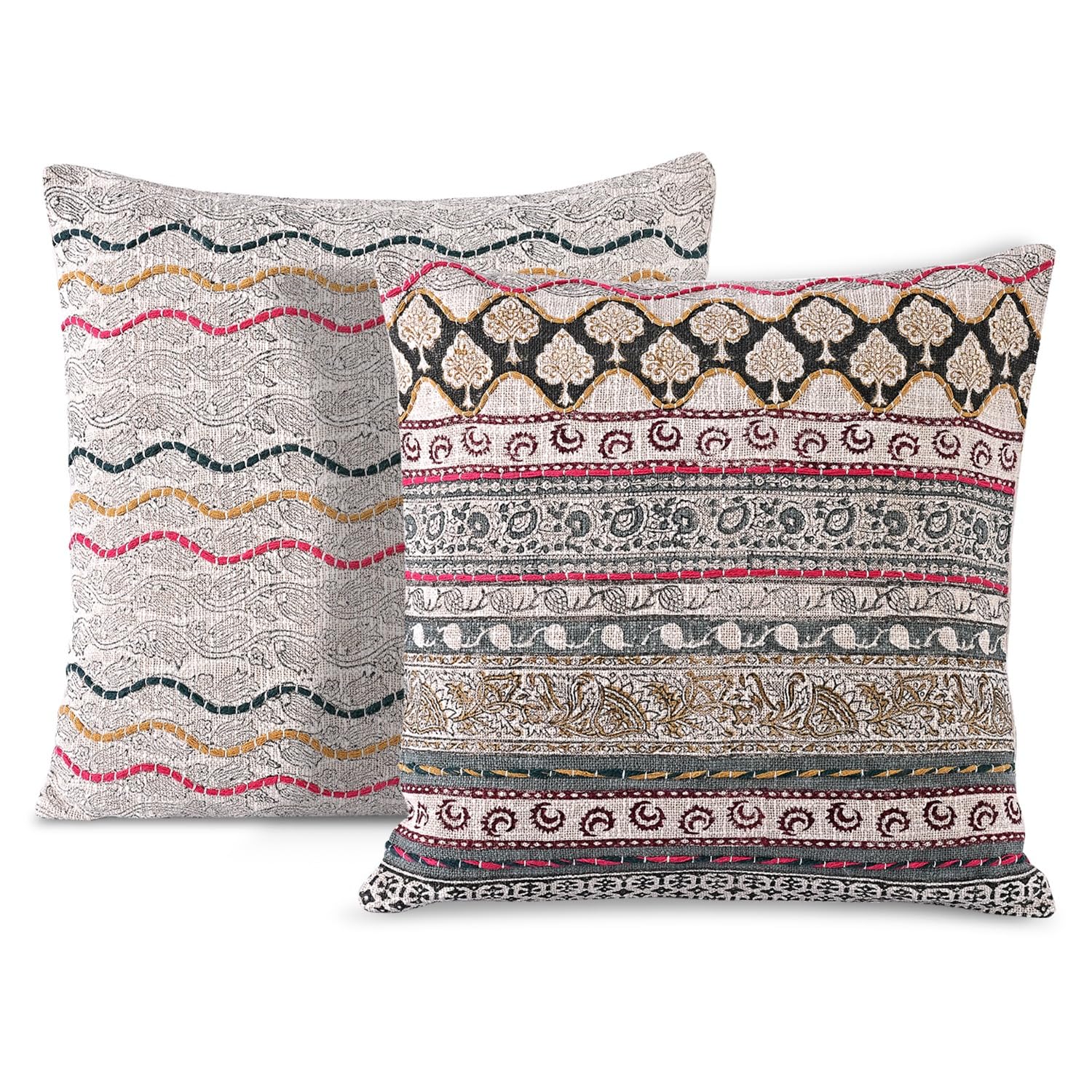Hand Block Print Cotton Throw Pillow Cover - Neutral Ivory Grey