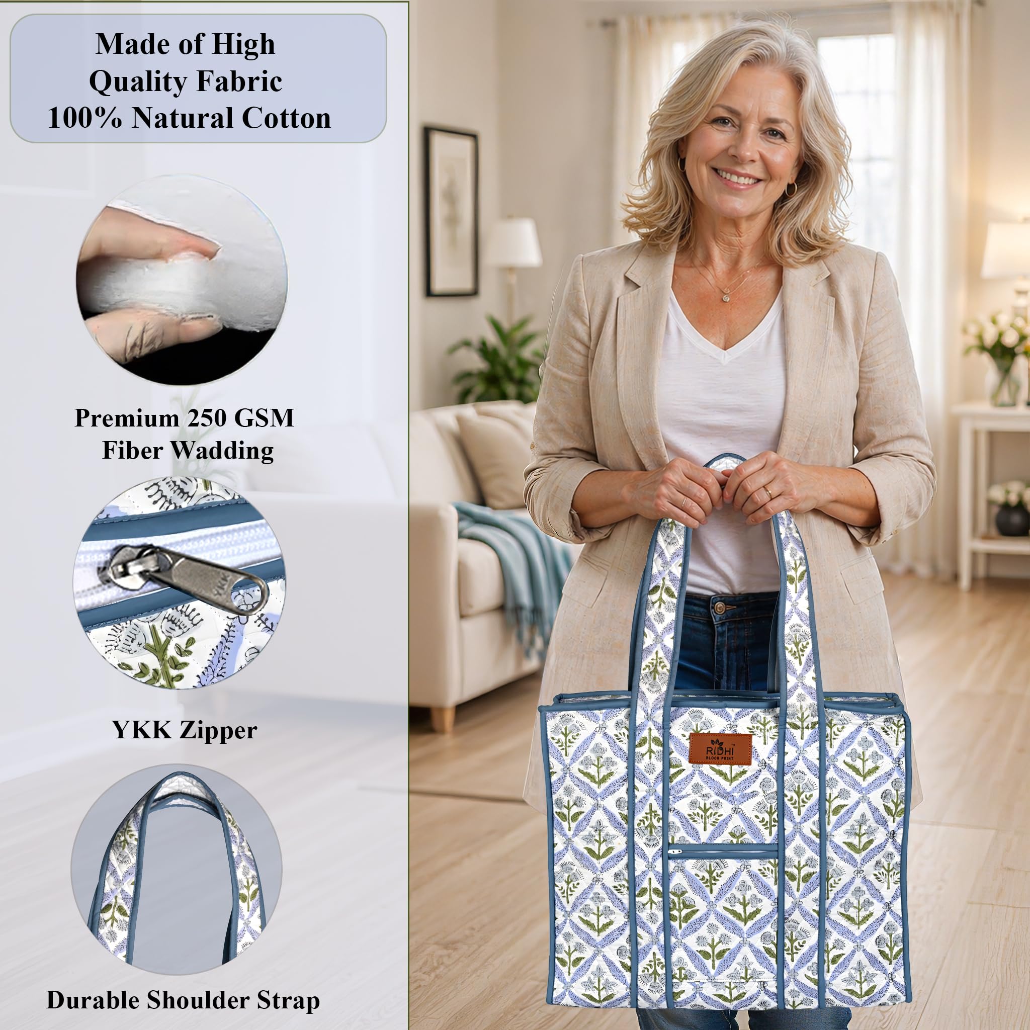 Hand Block Print Cotton Tote Bag - Light Steel Blue