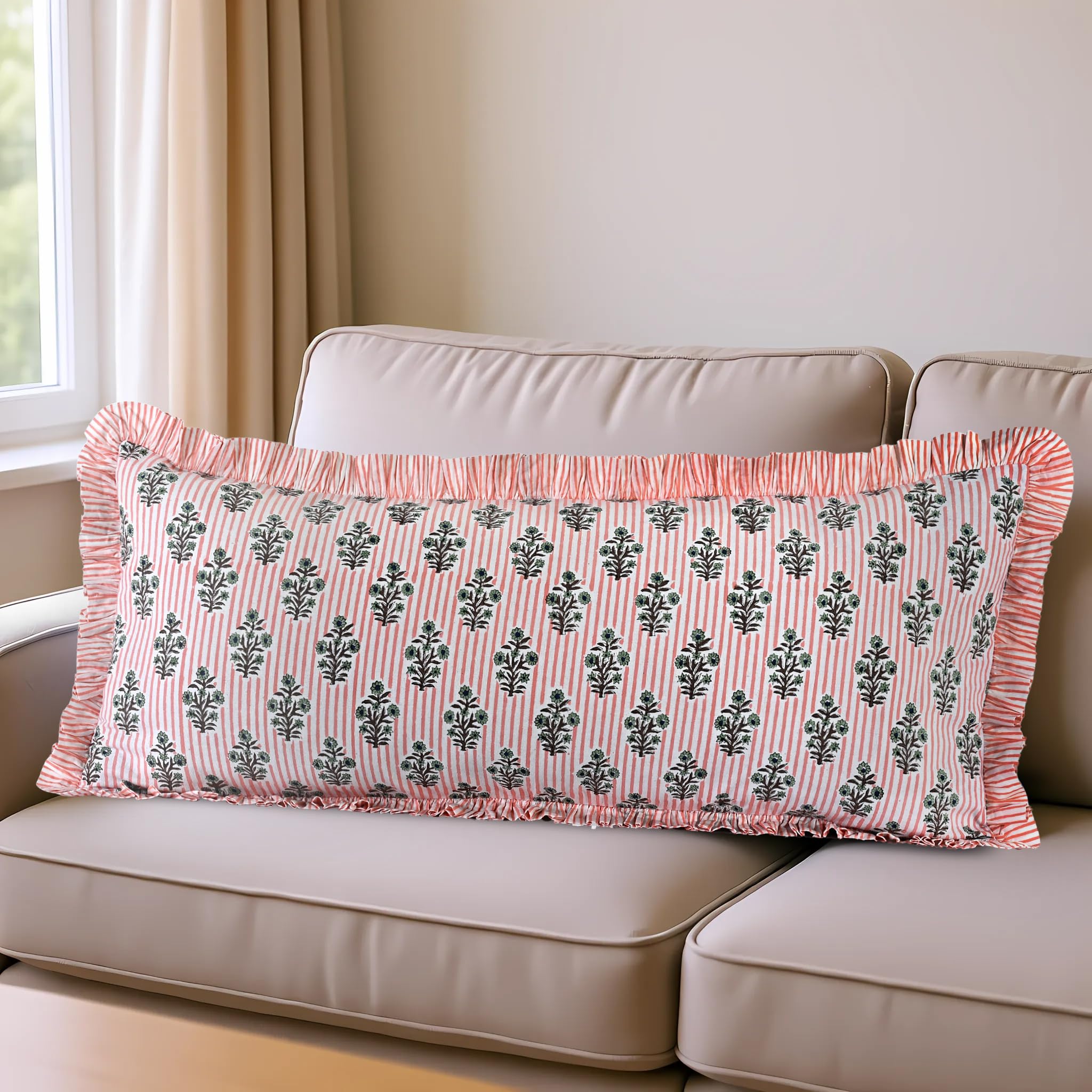 Hand Block Print Cotton Throw Pillow Cover - Salmon Blossom