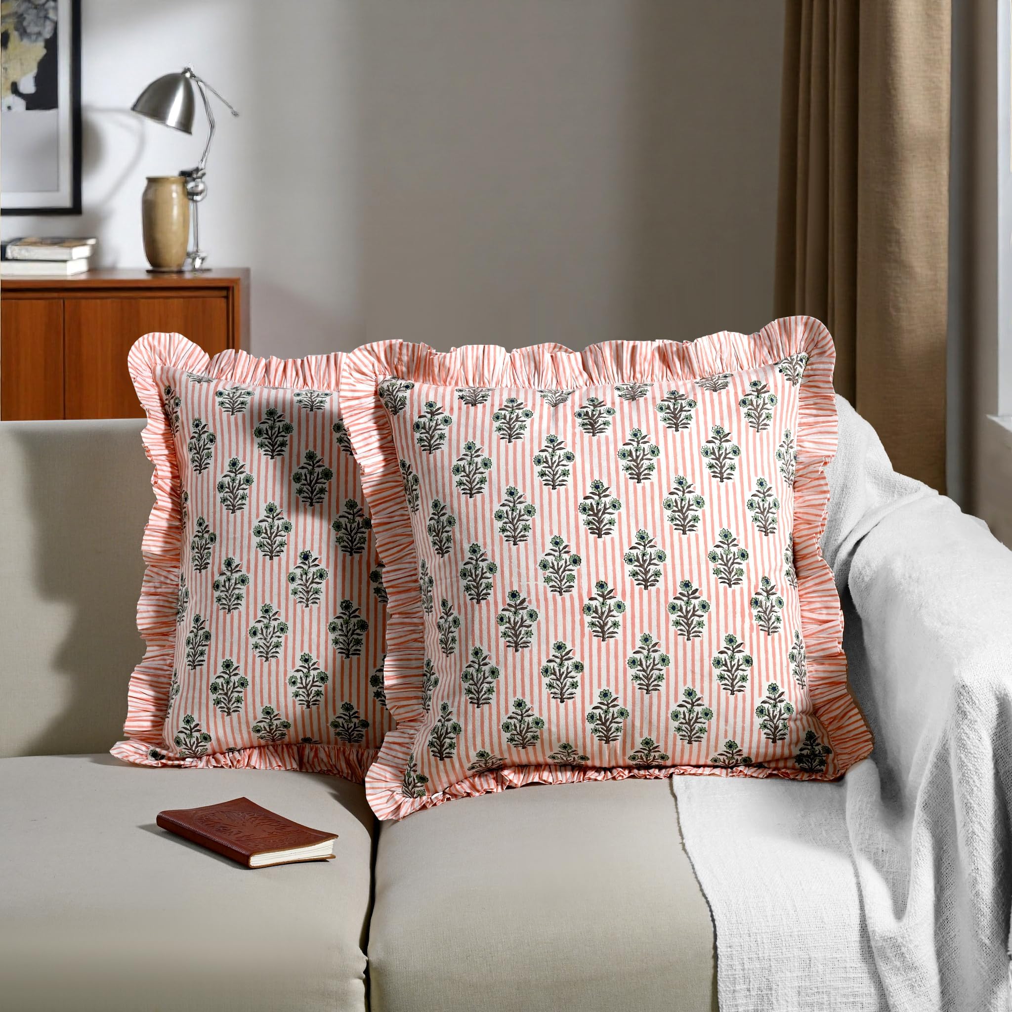 Hand Block Print Cotton Throw Pillow Cover - Salmon Blossom