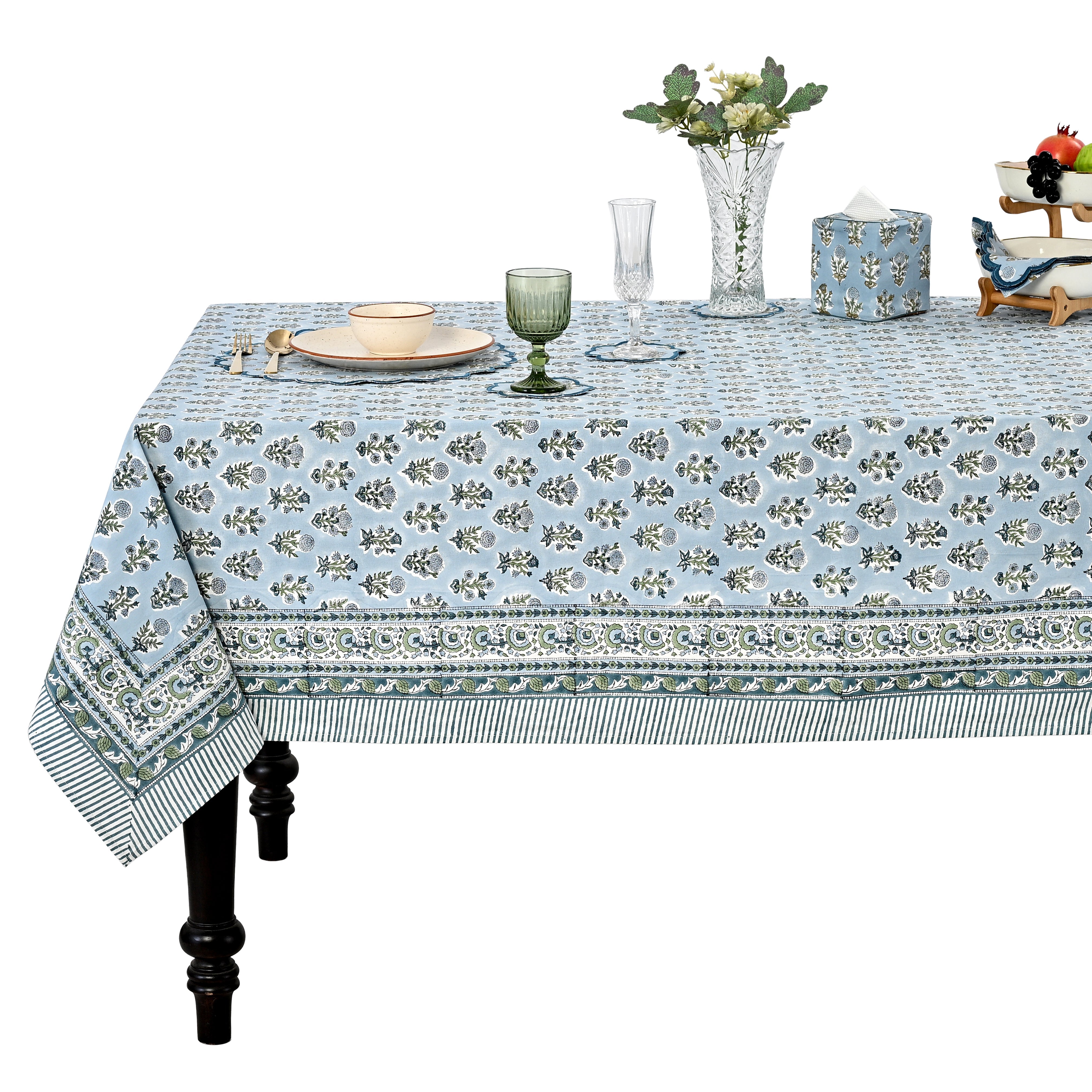 Harbor Blue Square & Rectangle Tablecloth Ridhi Block Print