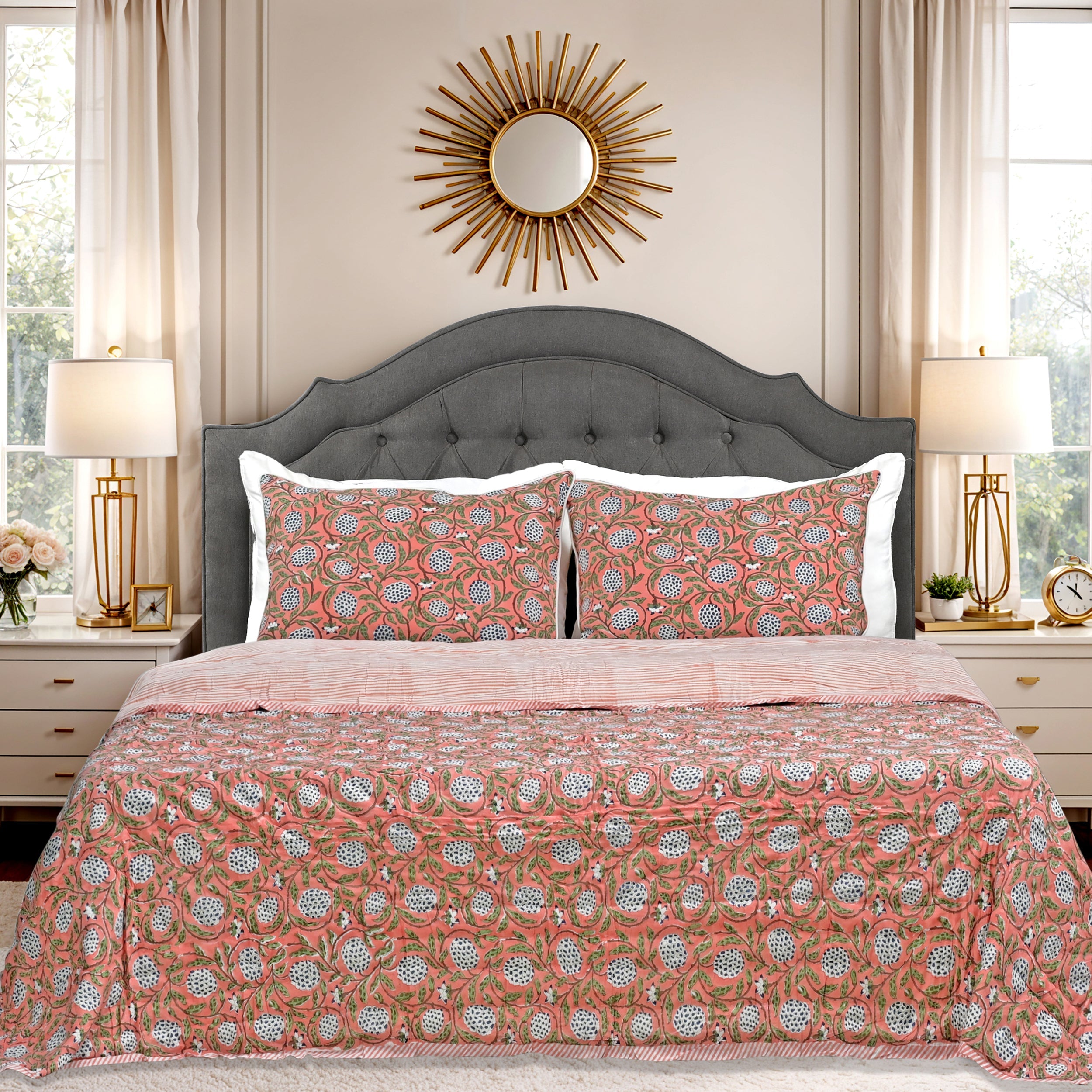 Dark Salmon Pink Quilt Ridhi Block Print
