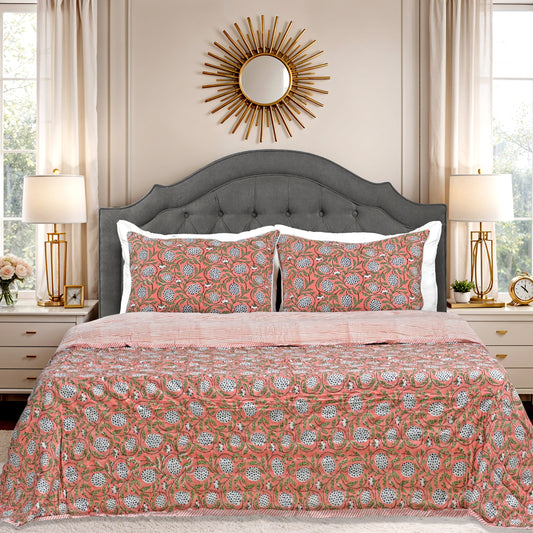 Dark Salmon Pink Quilt Ridhi Block Print