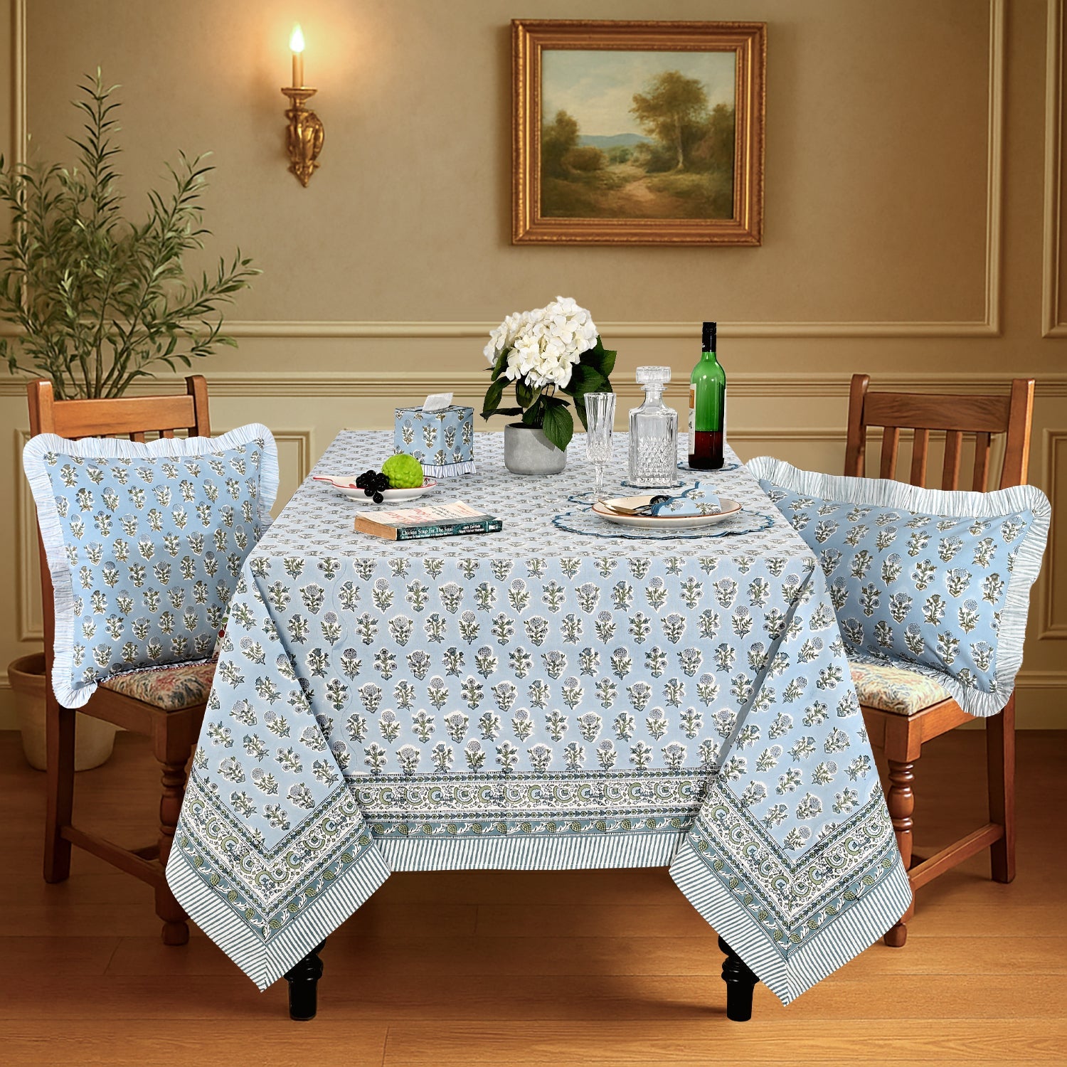 Harbor Blue Square & Rectangle Tablecloth Ridhi Block Print