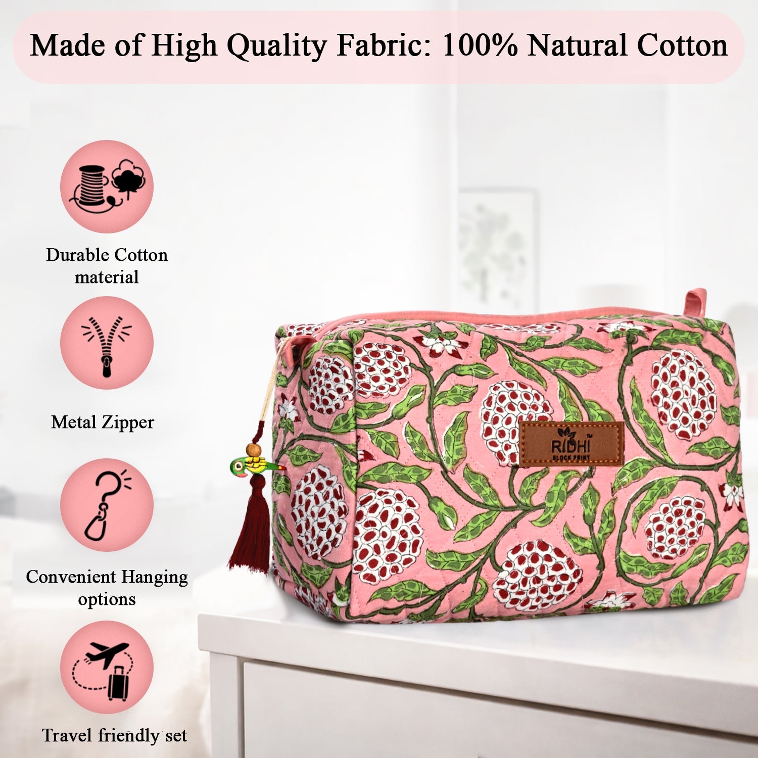 Block Print Cotton Quilted Toiletry Bag - Strawberry Pink RIDHI