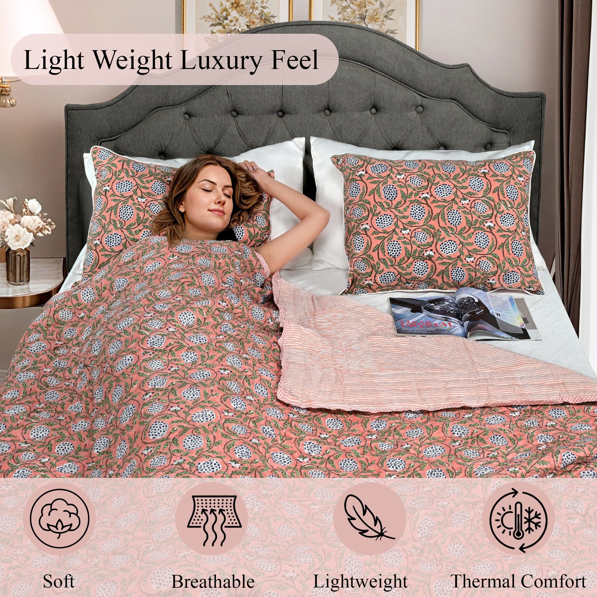 Dark Salmon Pink Quilt Ridhi Block Print