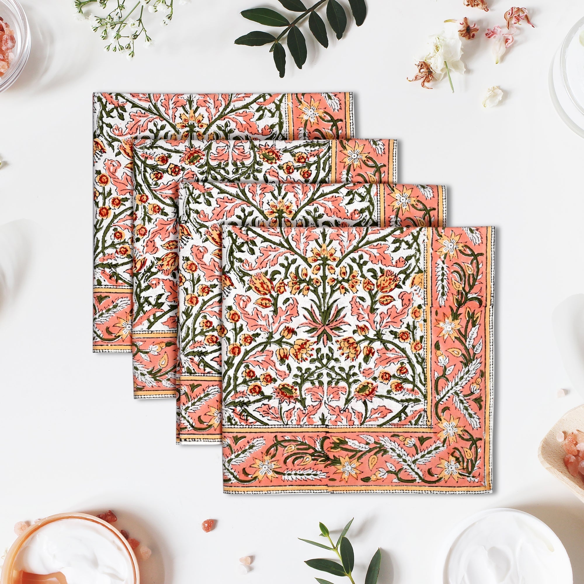 Sassy Salmon Pink Border Napkins Ridhi Block Print