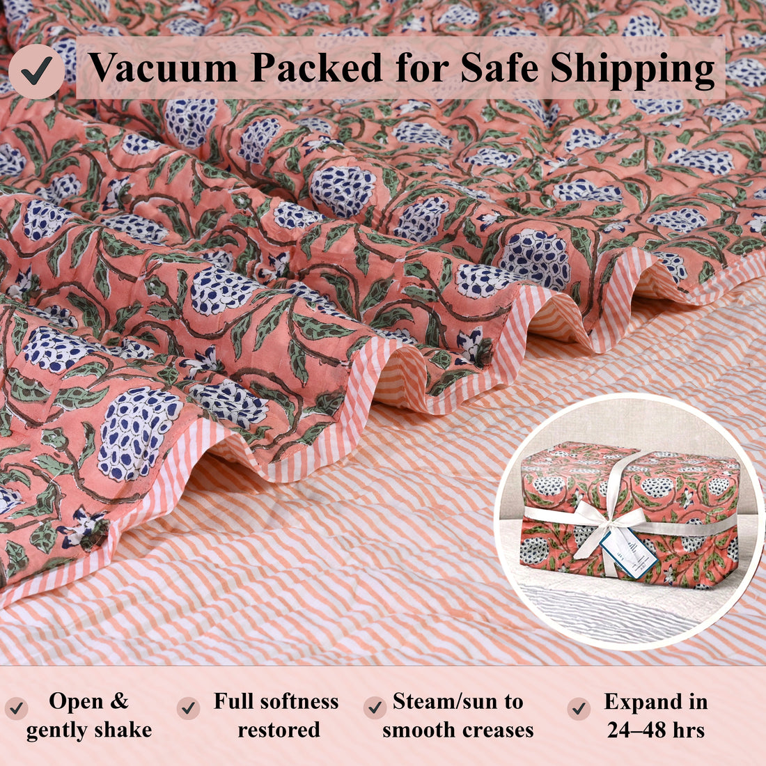 Dark Salmon Pink Quilt Ridhi Block Print