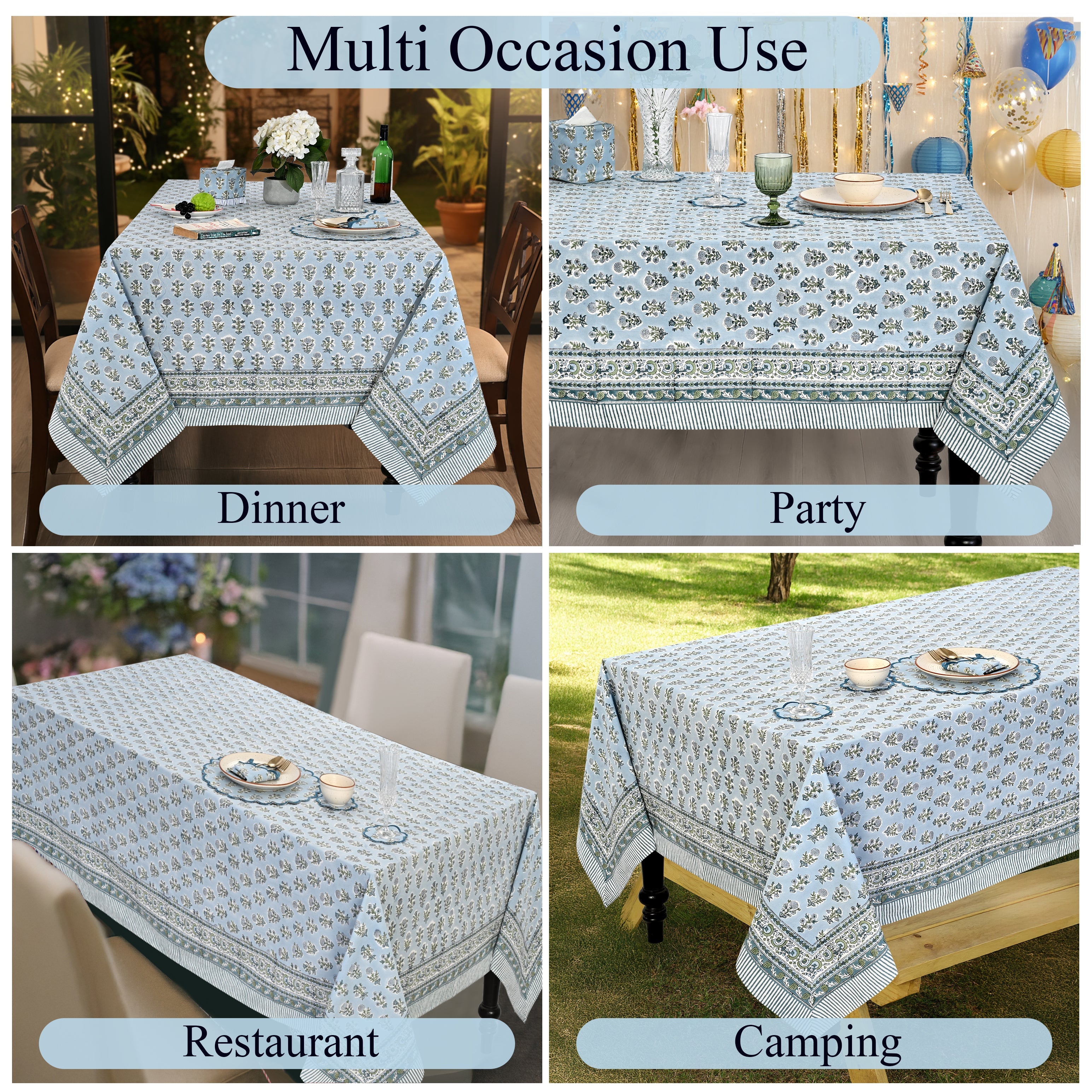 Harbor Blue Square & Rectangle Tablecloth Ridhi Block Print