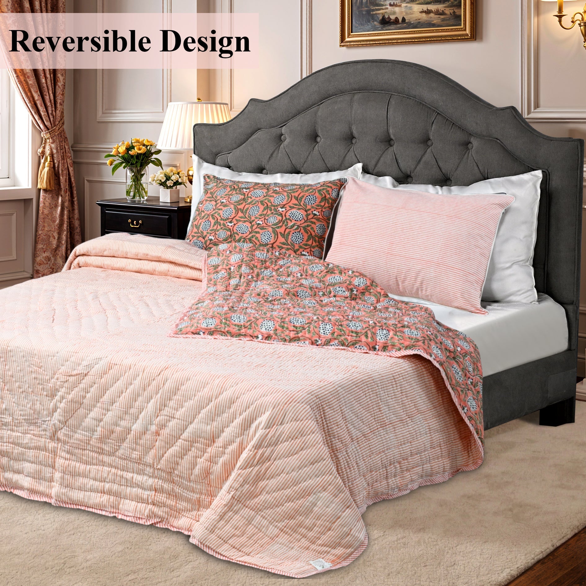 Dark Salmon Pink Quilt Ridhi Block Print