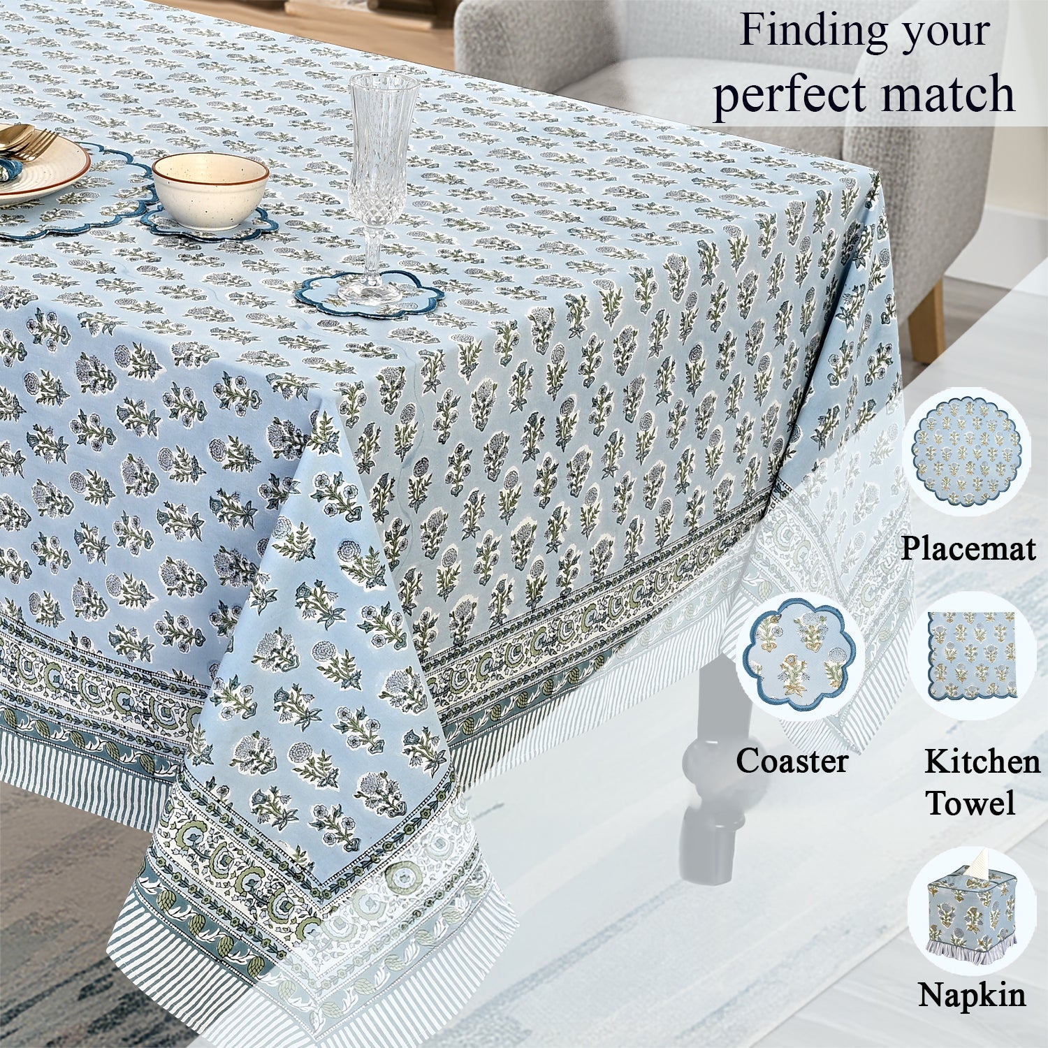 Harbor Blue Square & Rectangle Tablecloth Ridhi Block Print