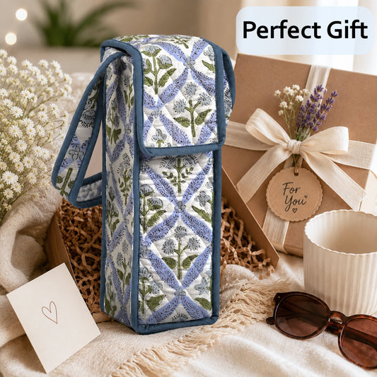 Light Steel Blue Block Print Quilted Water Bottle Holder Bag RIDHI