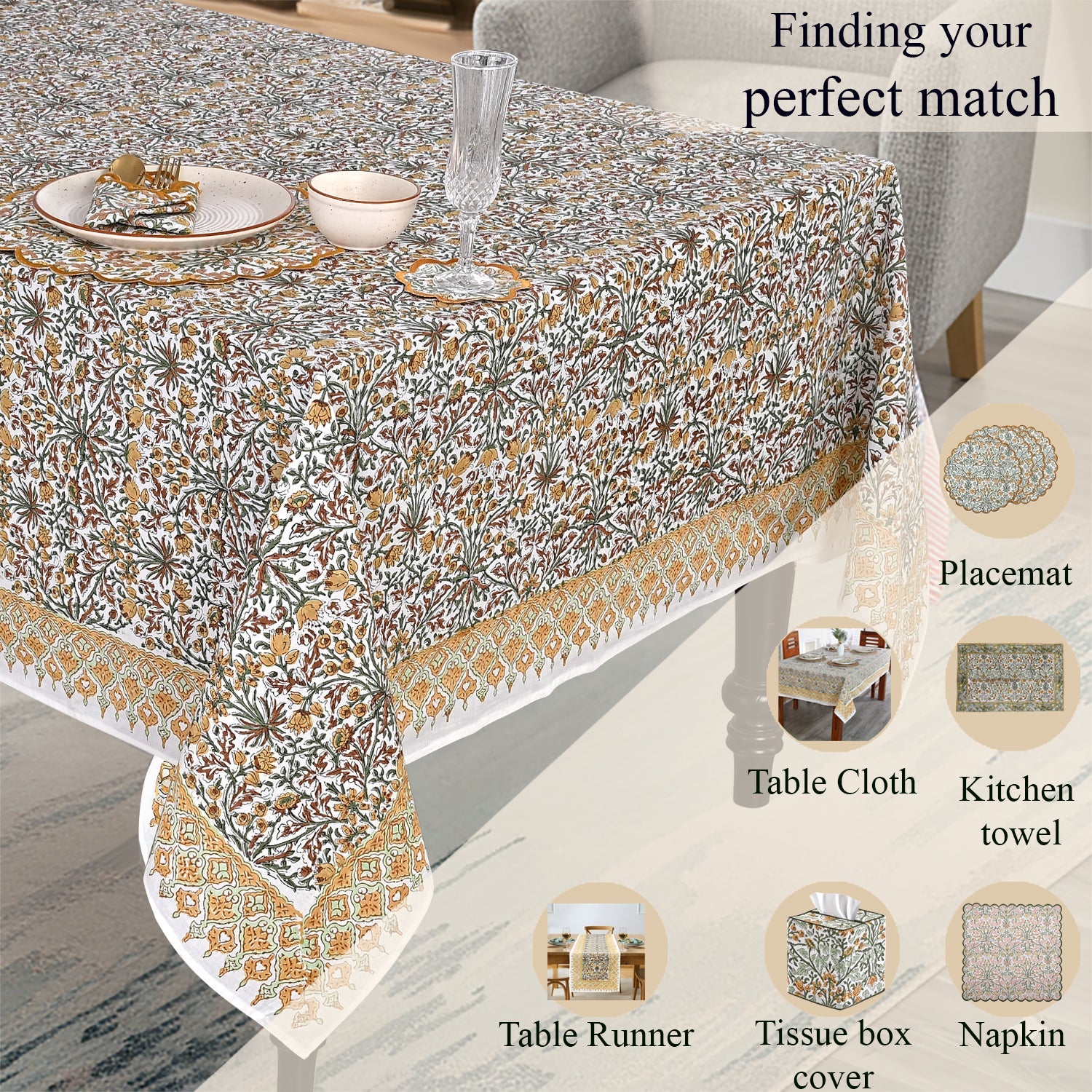 Goldenrod Yellow Rectangle Tablecloth Ridhi Block Print