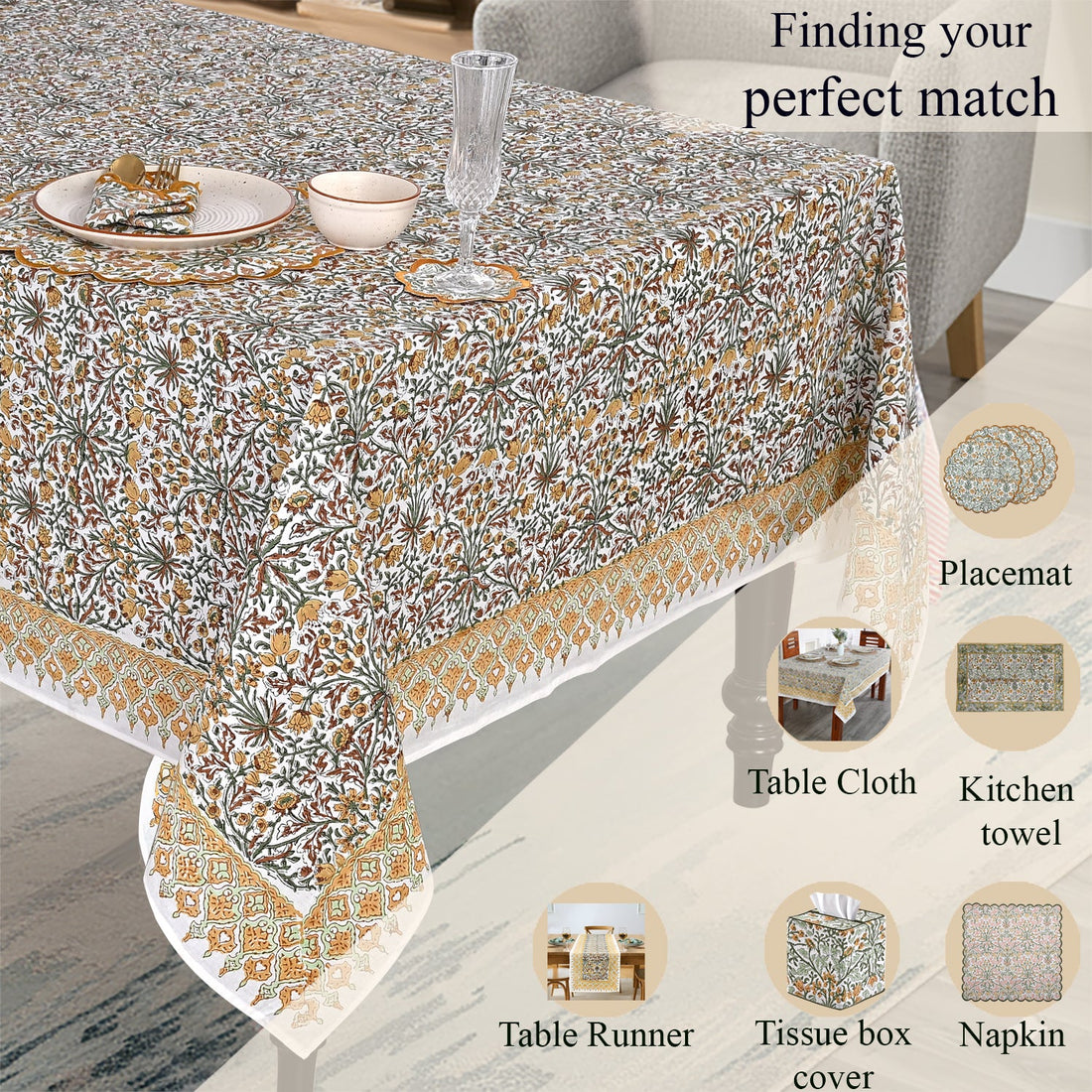 Goldenrod Yellow Square & Rectangle Tablecloth Ridhi Block Print