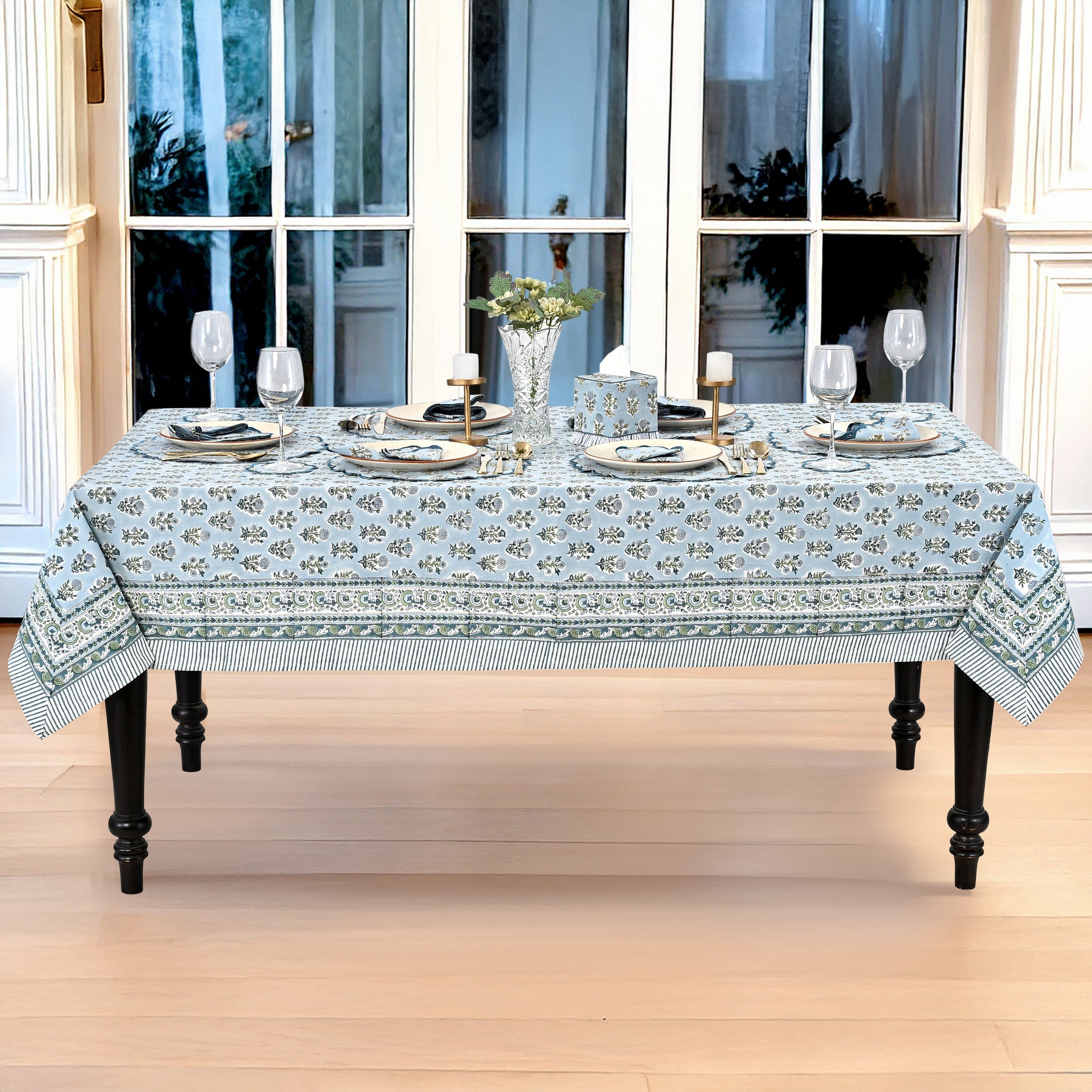 Harbor Blue Square & Rectangle Tablecloth Ridhi Block Print