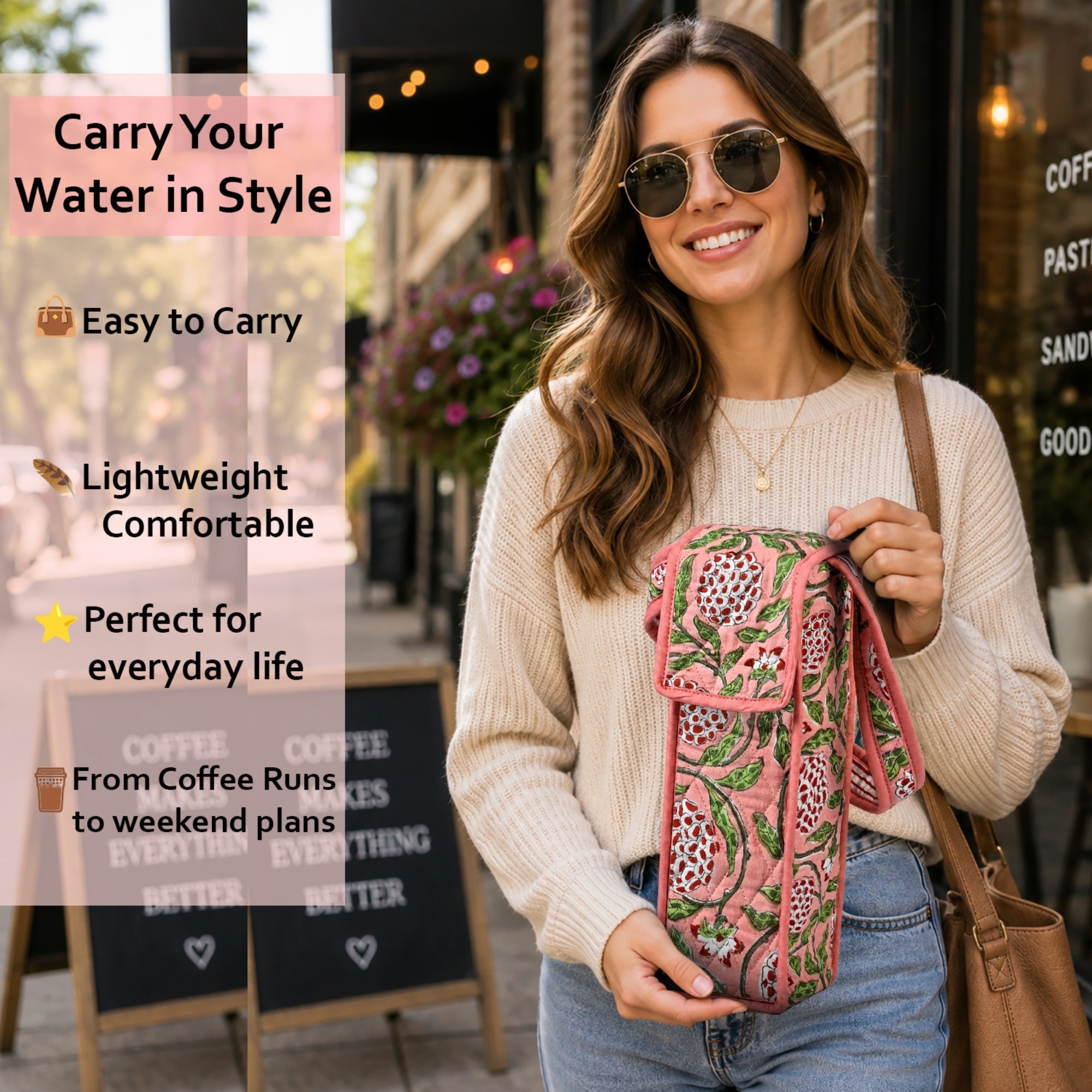 Strawberry Pink Block Print Quilted Water Bottle Holder Bag RIDHI