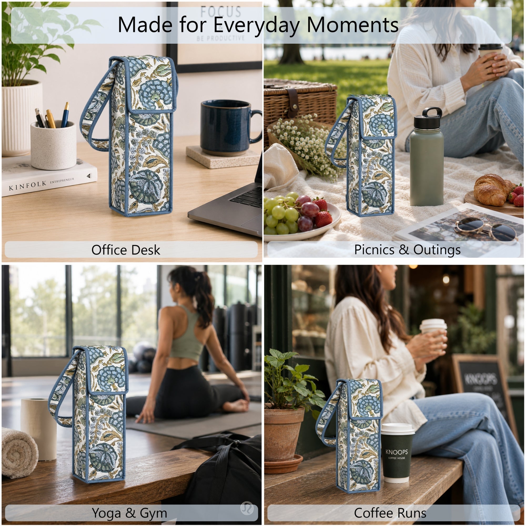 Asparagus Green Block Print Quilted Water Bottle Holder Bag RIDHI