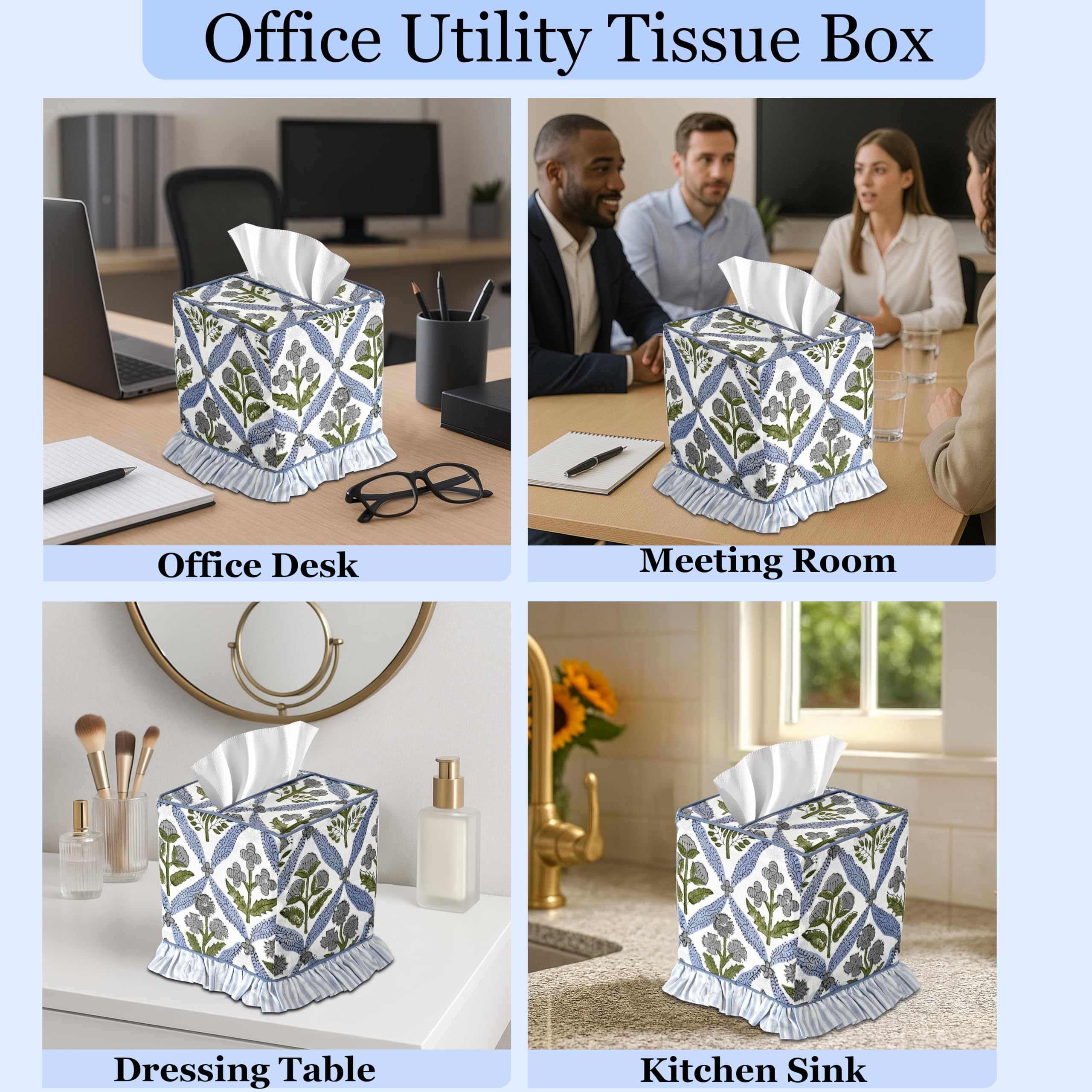 Hand Block Print Cotton Tissue Box Cover - Light Steel Blue