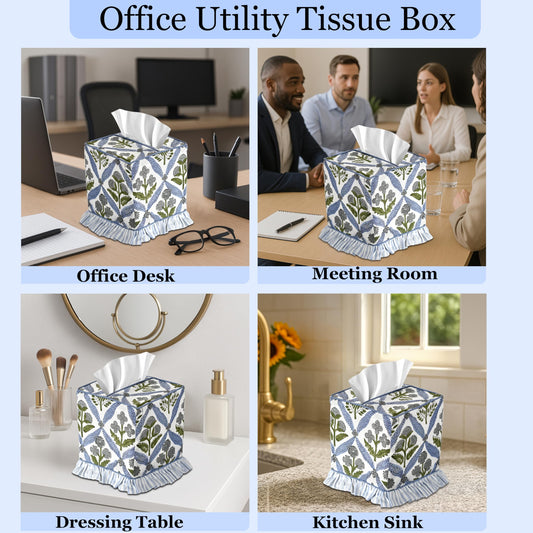 Hand Block Print Cotton Tissue Box Cover - Light Steel Blue