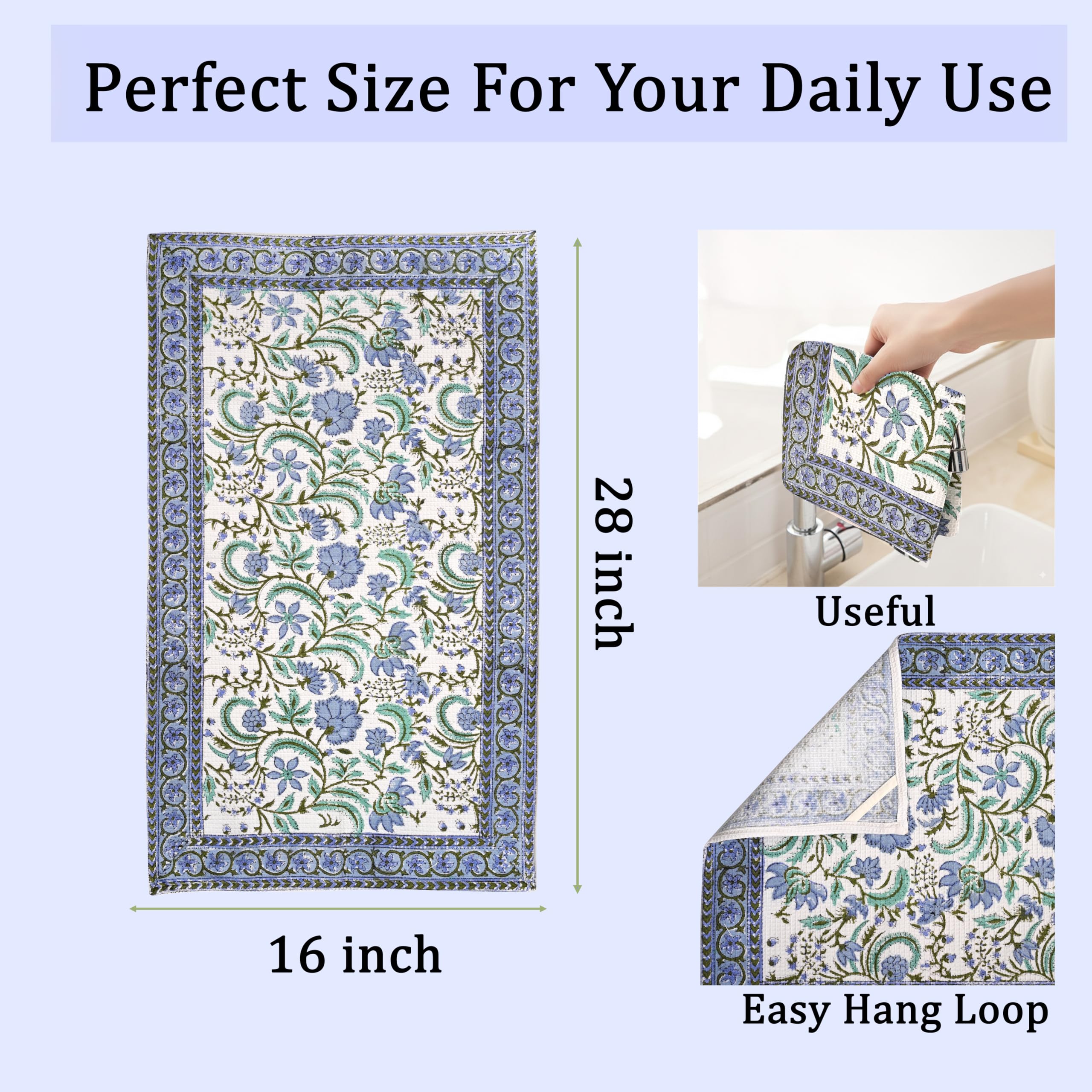 Hand Block Print Cotton Kitchen Towel - Columbia Blue