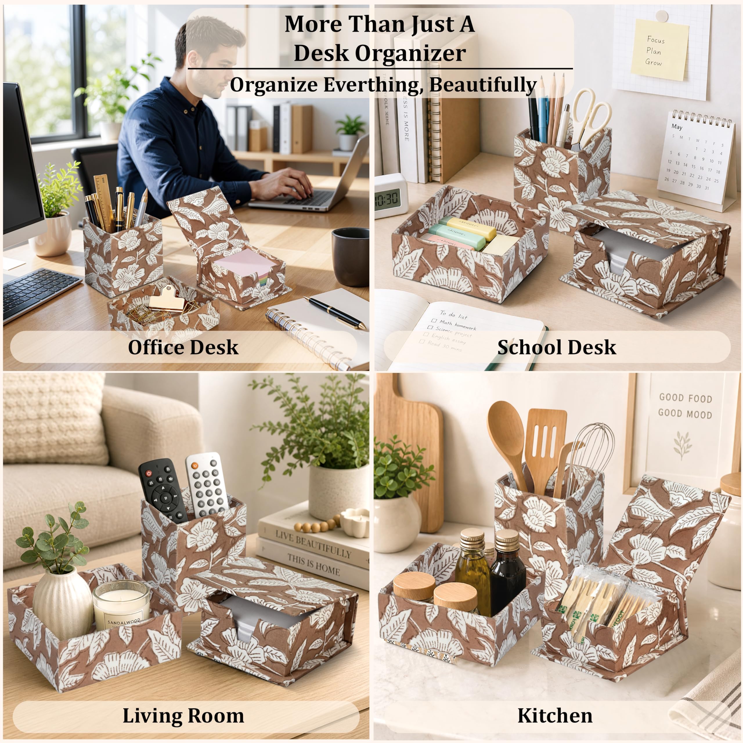 Hand Block Print Cotton Desk Organizer - Oak Brown