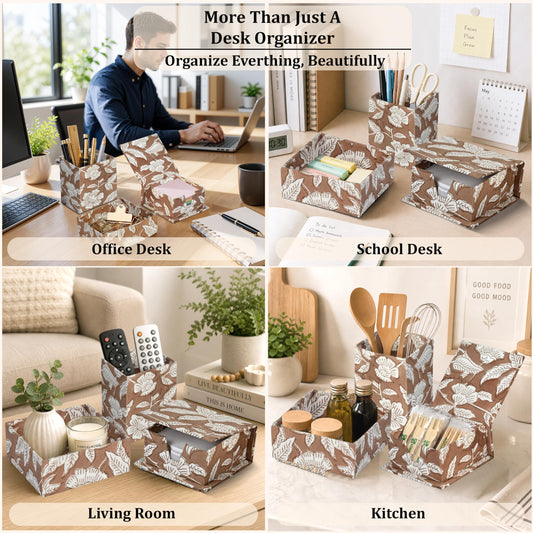 Hand Block Print Cotton Desk Organizer - Oak Brown
