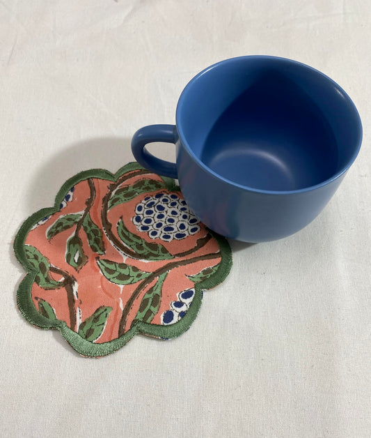 Hand Block Print Cotton Drink Coaster - Dark Salmon Pink