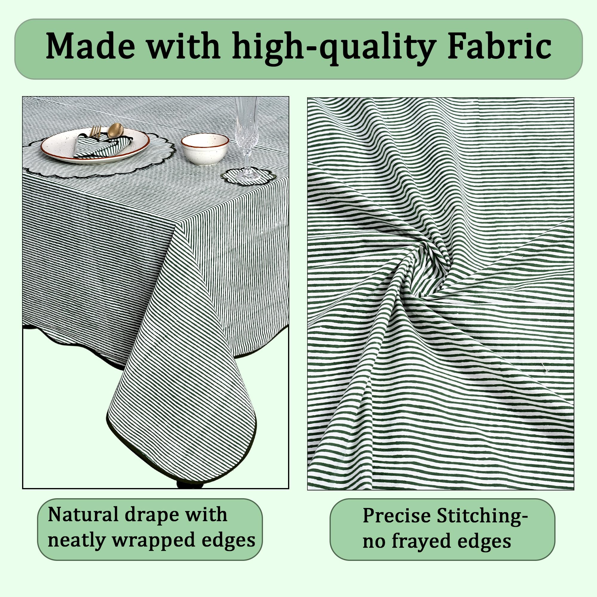Hand Block Print Cotton Tablecloth - Forest Green Stripe