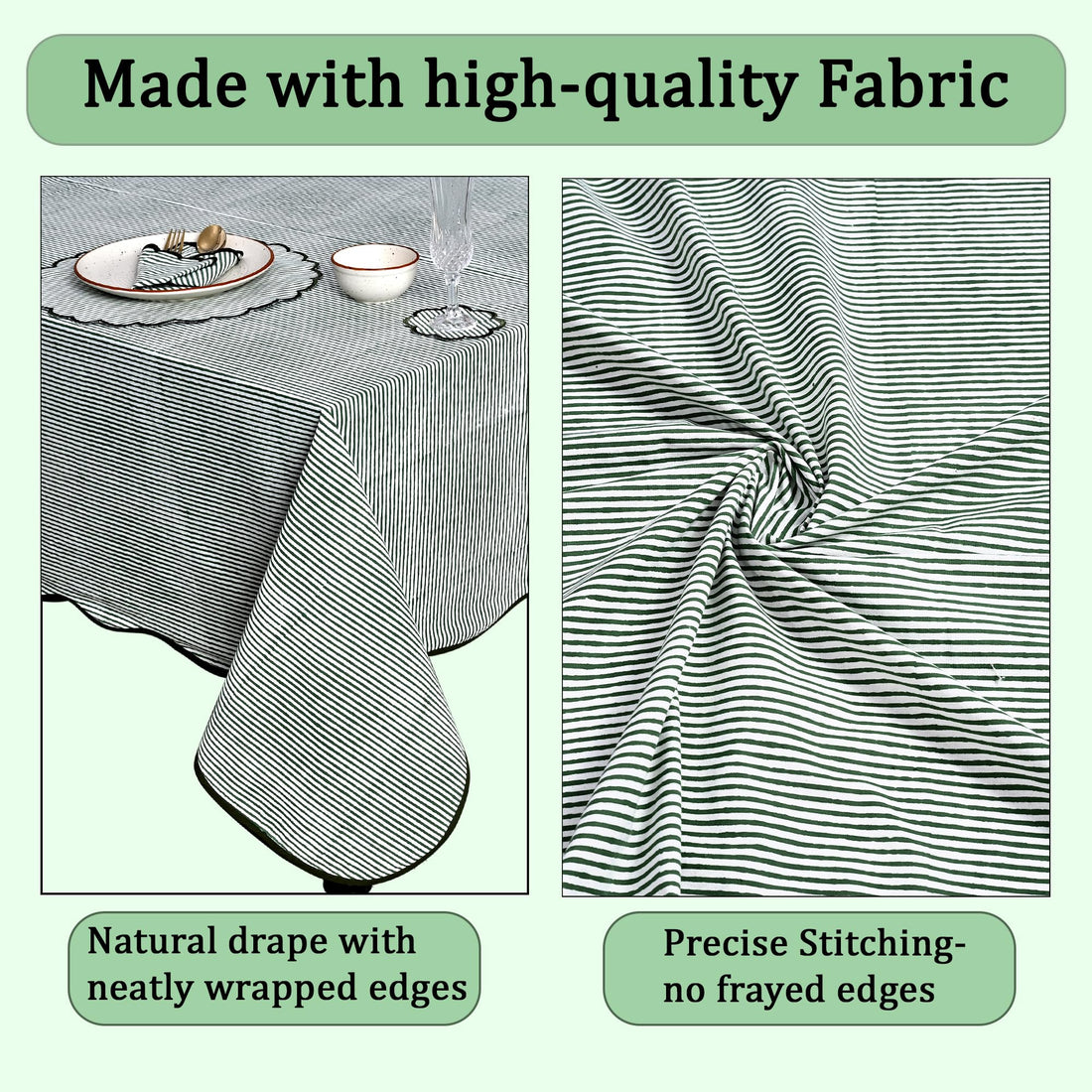 Hand Block Print Cotton Tablecloth - Forest Green Stripe