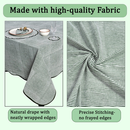 Hand Block Print Cotton Tablecloth - Forest Green Stripe