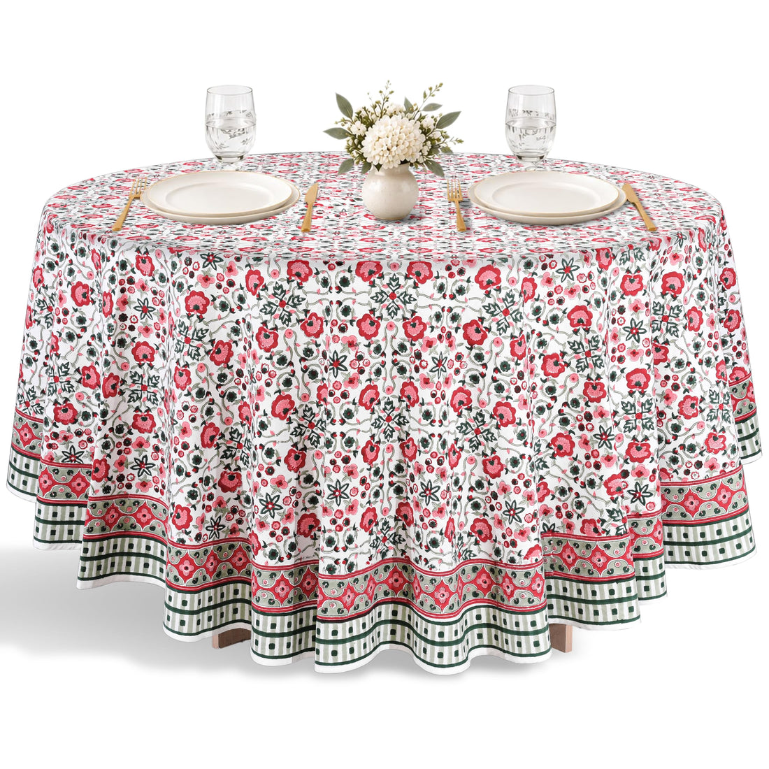 Ridhi apple red & green hand block print round cotton tablecloth