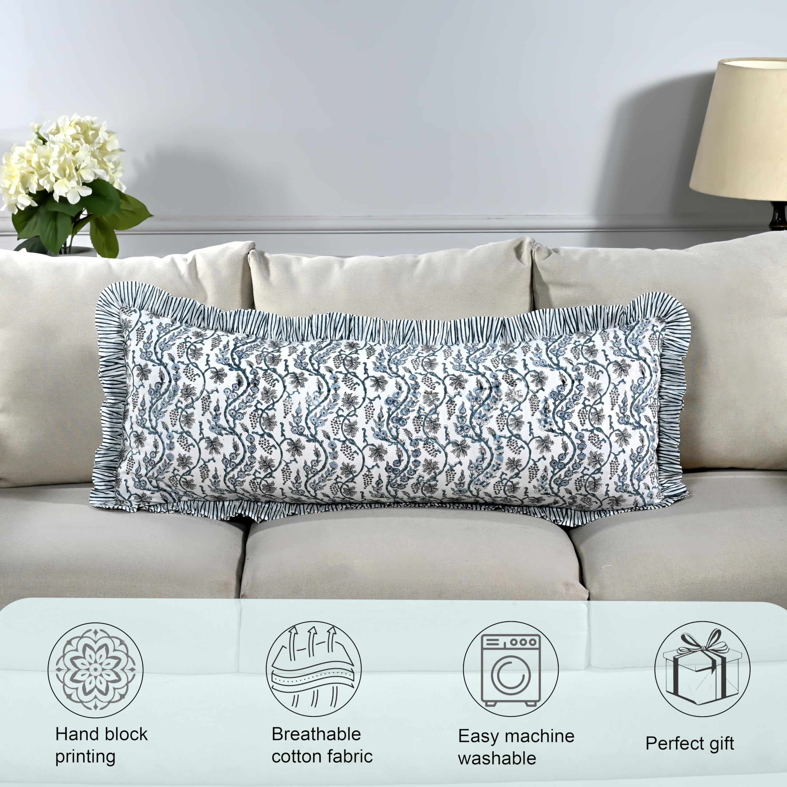 Hand Block Print Cotton Throw Pillow Cover - Baby Blue Eyes