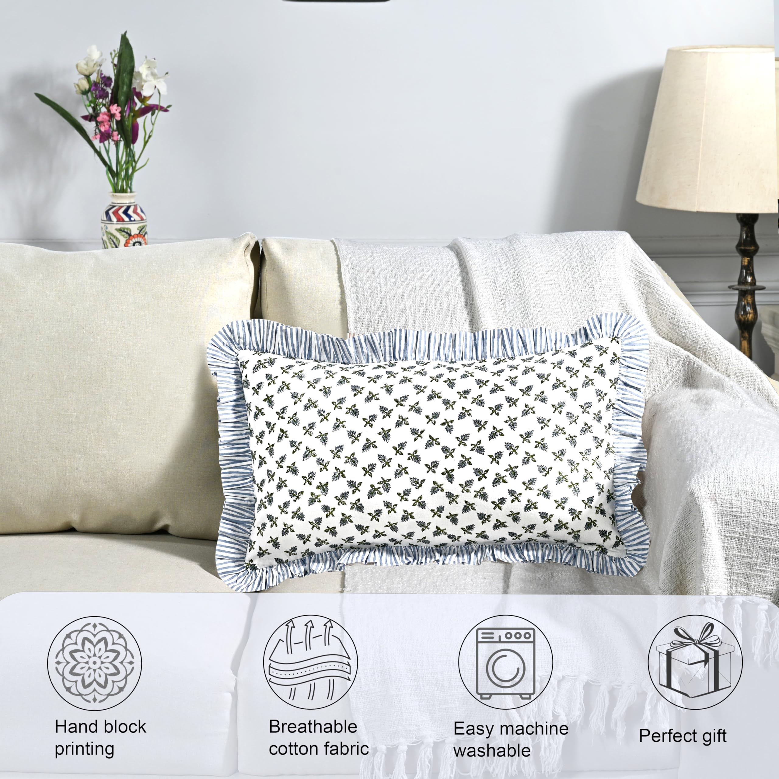 Hand Block Print Cotton Throw Pillow Cover - Baby Blossoms